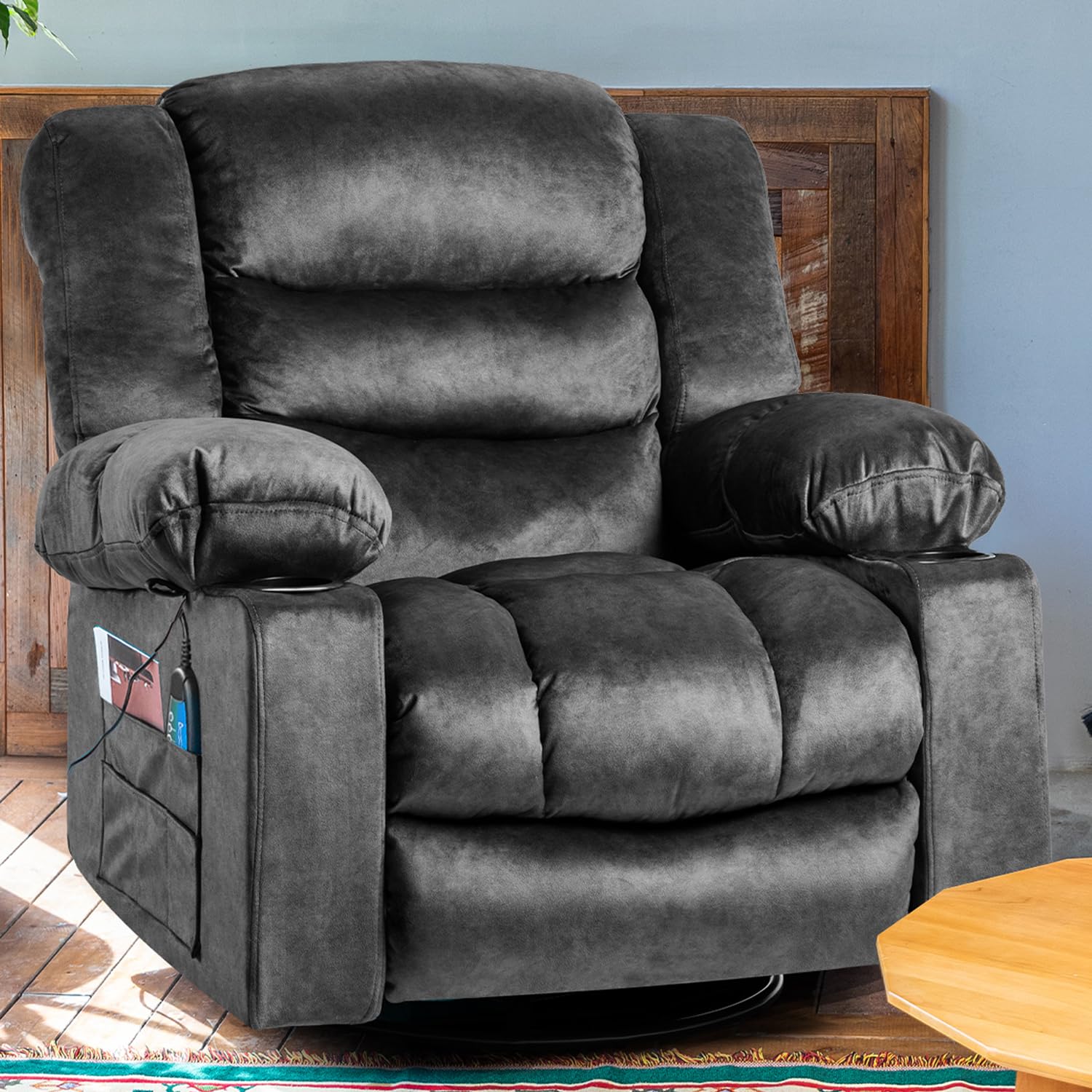 Modern Ergonomic Recliner Chair with Massage, Heat & Swivel - Dark Grey Lounge Sofa for Living Room | Foam Filled Comfort | Perfect for Relaxation, Reading & TV Watching
