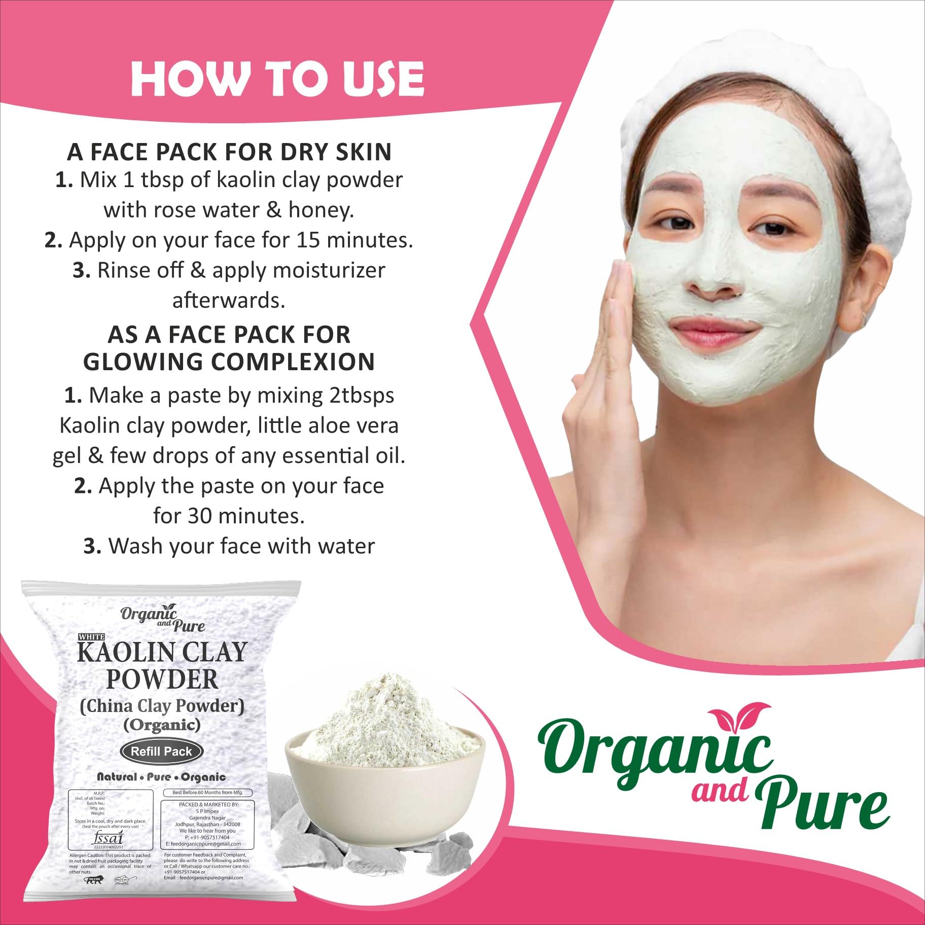Organic Kaolin Clay Powder 400g - Pure White China Clay for Skin Whitening, Acne Treatment & Hair Care | Gentle Facial Mask, DIY Beauty Recipes, Spa Quality Cosmetic Clay | Refill Pack for Skincare Enthusiasts