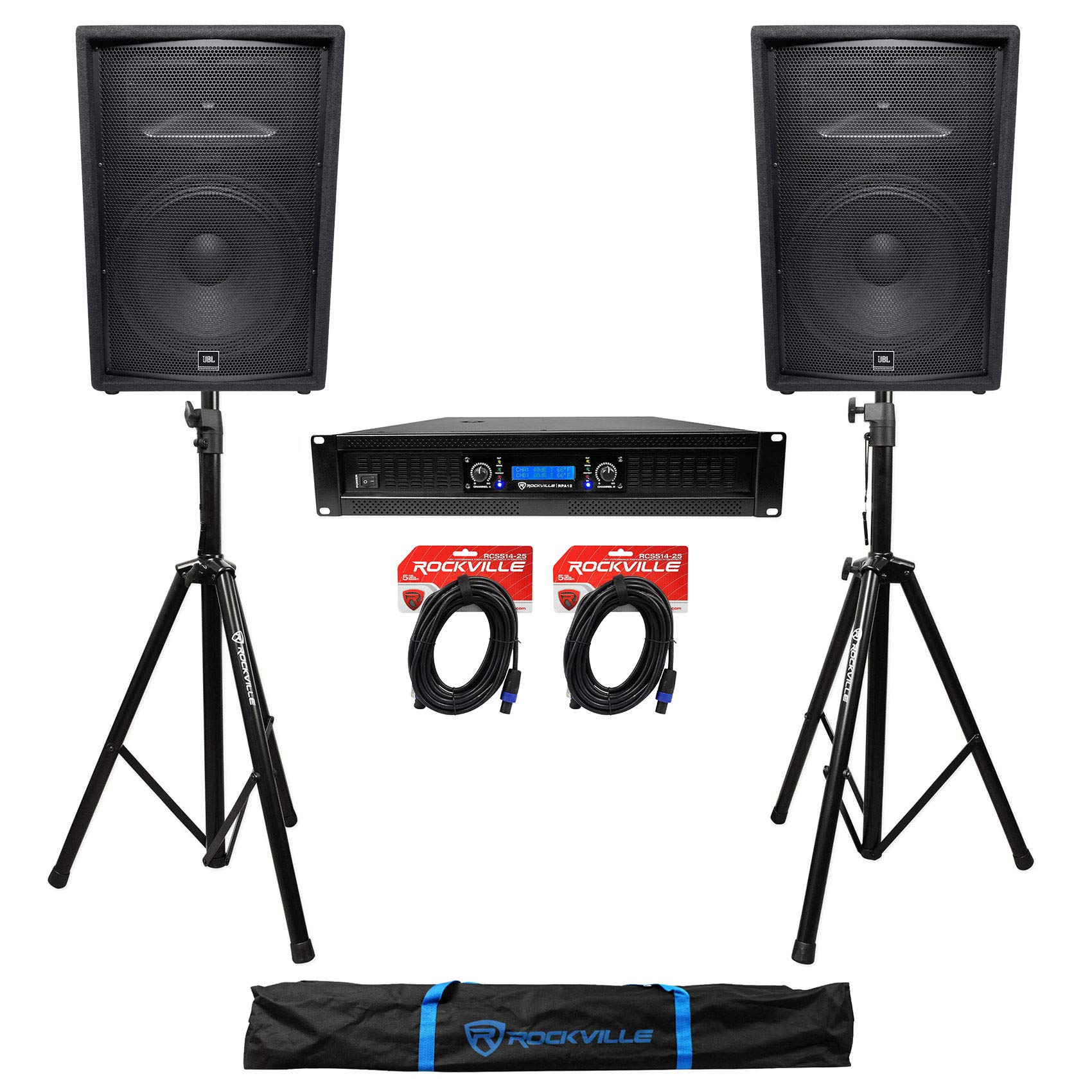 JBL Pro JRX215 Passive DJ PA Speaker Bundle with Rockville RPA12 Power Amplifier, Speakon Cables & Tripod Stands - Perfect for Live Music, DJ Gigs & Outdoor Events