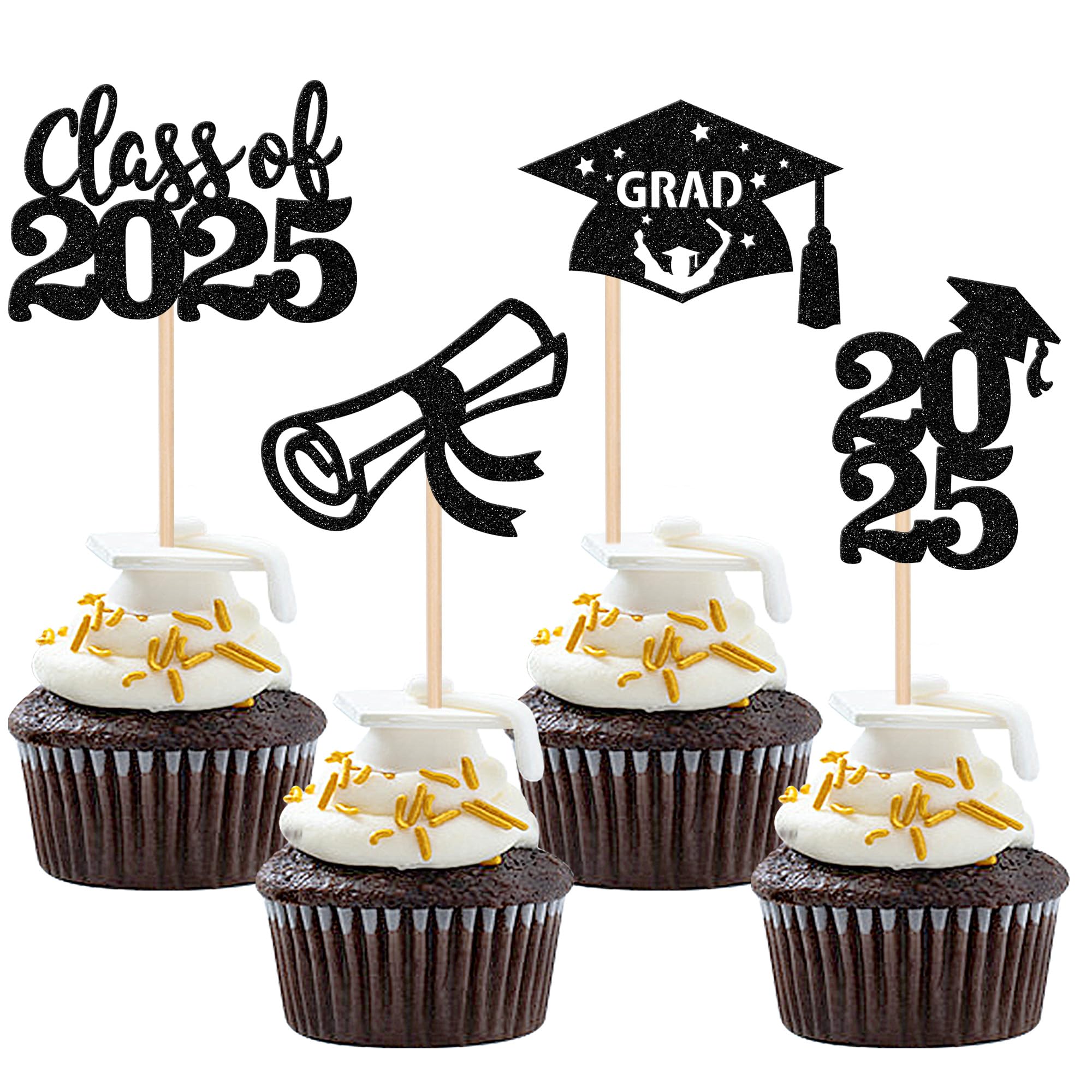 24 PCS 2025 Graduation Cupcake Toppers - Glitter Class of 2025 Diploma & Grad Cap Cupcake Picks - Perfect for Graduation Party Cake Decorations & Supplies (Black) - Ideal for Graduation Celebrations, School Parties & Dessert Table Decor