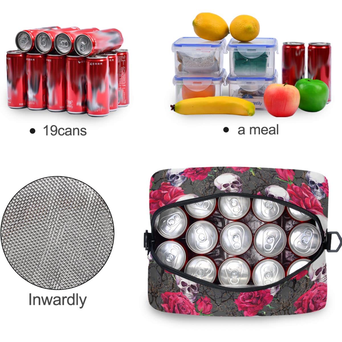 Insulated Lunch Bag with Skulls & Rose Design - Reusable Leakproof Cooler Tote for Women & Men - Perfect for Work, School, Picnics & Outdoor Activities