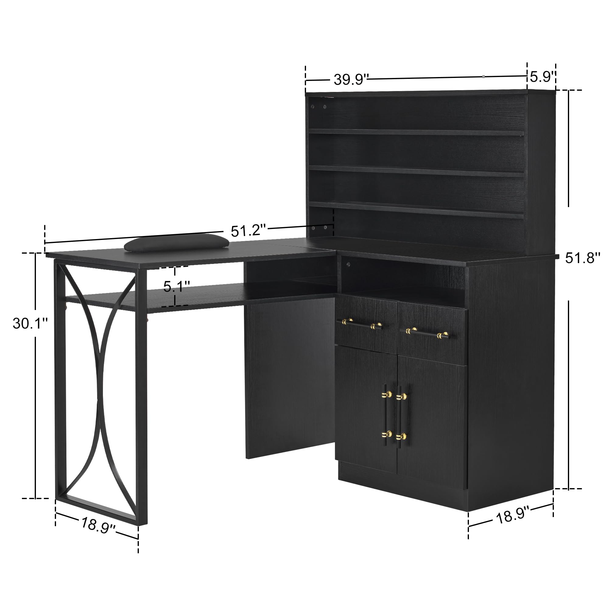 Professional L-Shaped Nail Desk with Storage Drawers & Cabinets - BarberPub Manicure Workstation for Salon & Home Use - Efficient Organization Nail Table 2833 (Black) - Perfect for Nail Technicians & Beauty Professionals