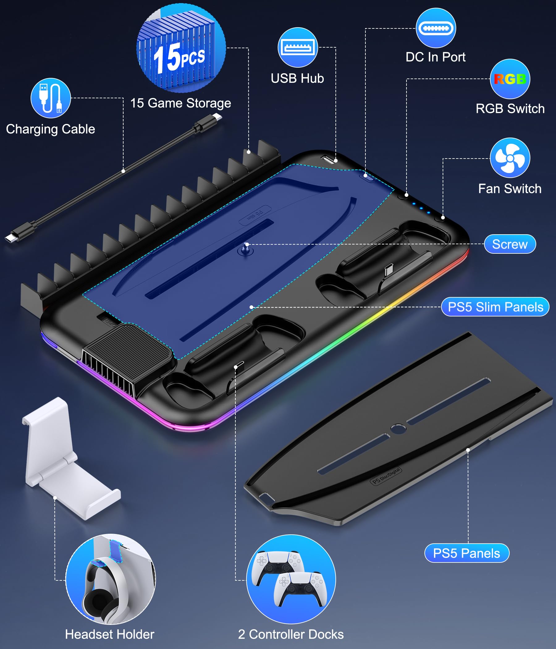 PS5 Cooling Stand with RGB Lights & Dual Controller Charger - 3-Speed Cooling Fan for PlayStation 5 Slim/Disc/Digital Edition | Includes Headset Holder & 15 Game Storage Slots - Perfect for Gaming Setup & Accessories Organization