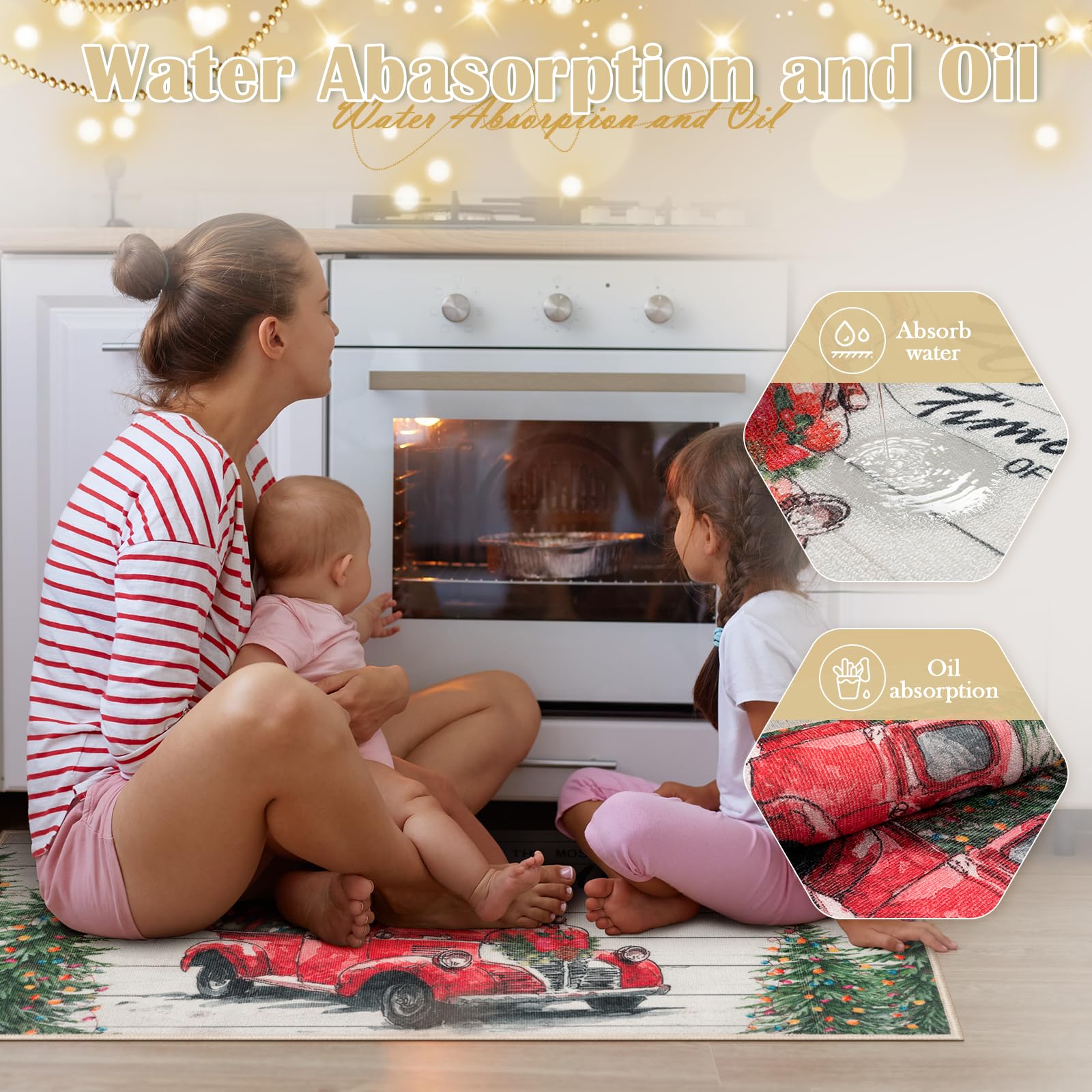 LEEVAN Christmas Kitchen Mat Set of 2 - Non-Slip Cushioned Holiday Rugs with Christmas Tree Truck Design, Washable Anti-Fatigue Floor Mats for Winter - Perfect for Kitchen, Entryway, and Holiday Decor