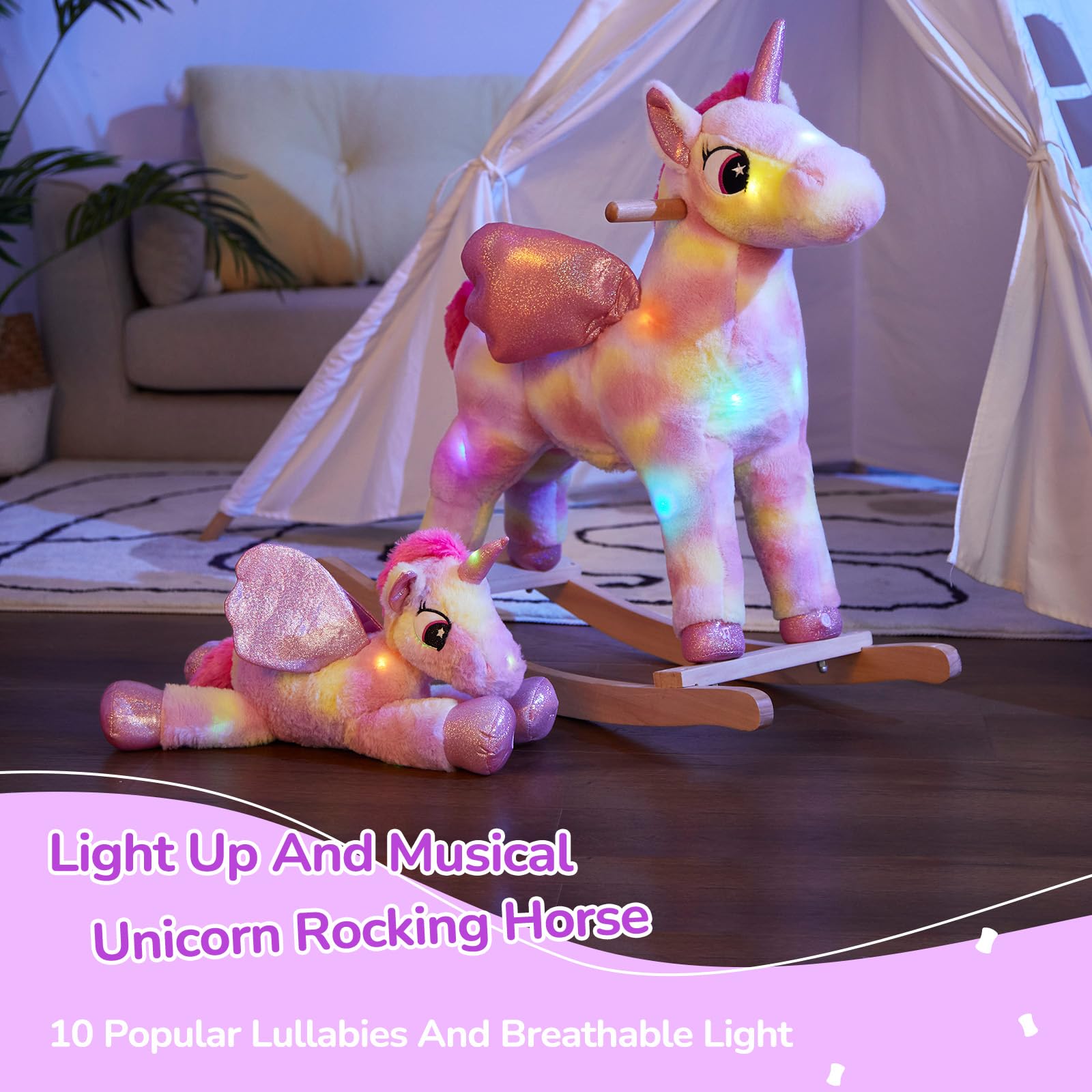 Glow Guards Light Up Musical Unicorn Rocking Horse Set - 2 Pack with Stuffed Rainbow Unicorn Toy & Wooden Chair | Ride-On Toy for Toddlers Ages 3-6 | Perfect Gift for Birthday, Christmas & Indoor Playtime
