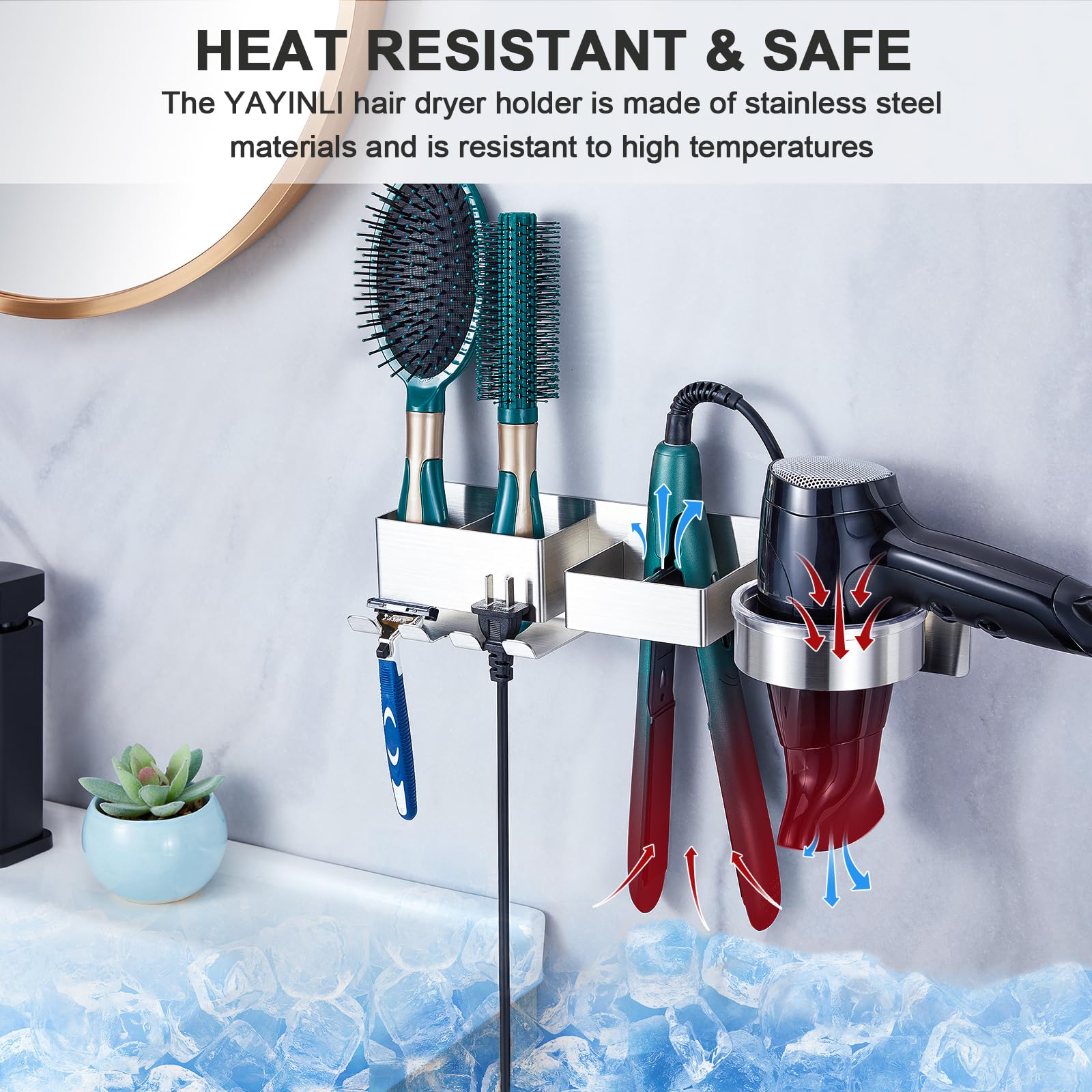 Wall Mounted Hair Straightener & Blow Dryer Holder - Stainless Steel Hair Tool Organizer with Adhesive & Plug Hook - Perfect for Bathroom, Salon & Home Hair Styling Storage
