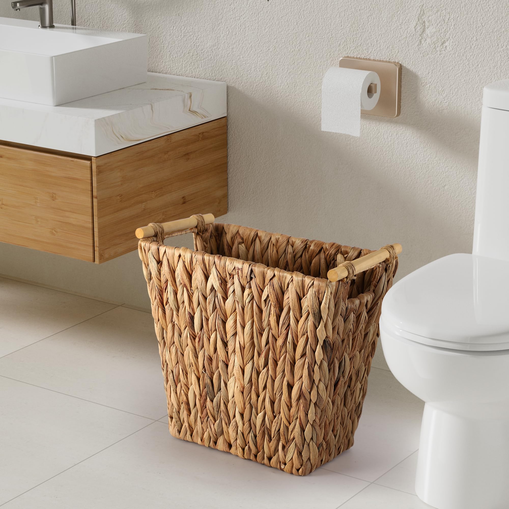 **3.5 Gallon Waterproof Wicker Storage Basket - Handwoven Brown Narrow Small Trash Can for Bathroom, Bedroom & Office | Eco-Friendly & Stylish Home Organization**    *(Perfect for storing towels, toiletries, magazines, or office supplies – adds rustic charm to any space!)*