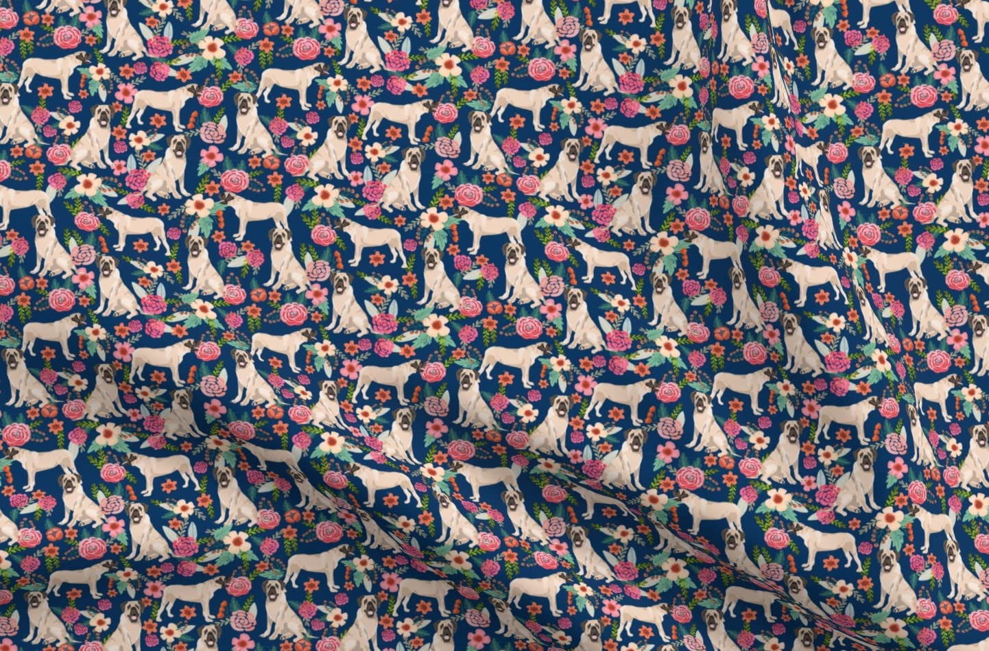 English Mastiff Floral Navy Dog Breed Printed Minky Fabric by The Yard - Pet Friendly Soft Material for Sewing Baby Blankets, Quilt Backing & Plush Toys - Perfect for DIY Dog Lover Gifts & Nursery Decor