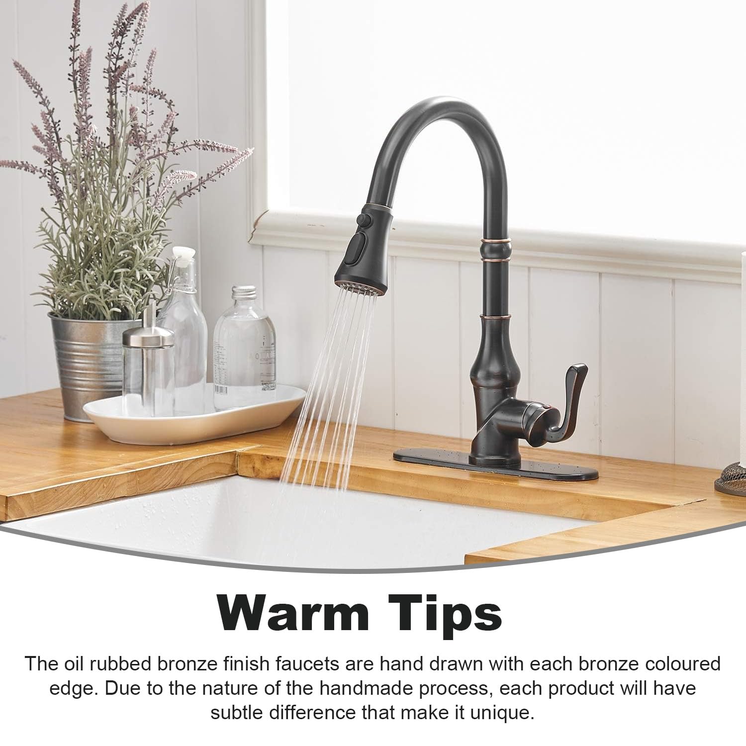 BWE High Arc Pull Out Kitchen Faucet - Oil Rubbed Bronze Single Handle with 3 Spray Modes & Deck Plate - Commercial Grade Farmhouse Sink Faucet for Bar & Restaurant Use