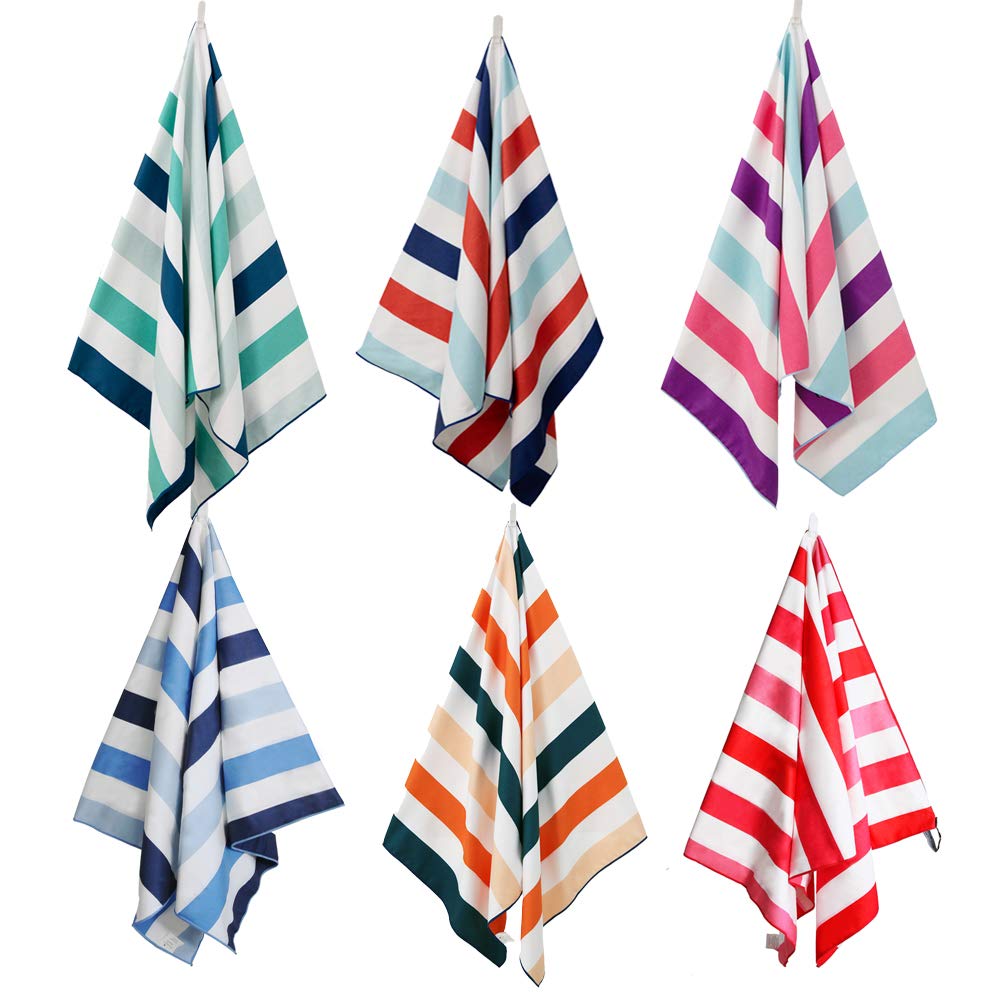 Premium 6-Pack Large Microfiber Quick-Dry Beach Towels - Lightweight, Sand-Free, Cabana Stripe Design for Pool, Travel & Camping - Includes Carry Bag (30x60 Inches, Multi-Color) | Perfect for Beach Outings, Gym, Yoga & Outdoor Adventures