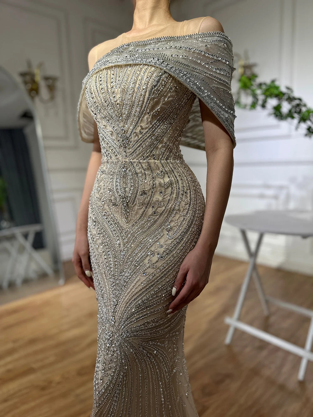 Elegant Dubai & Saudi Arabian Silver Beaded Mermaid Evening Gown for Women - Formal Party Dress LA72800 | Perfect for Weddings, Galas & Special Occasions