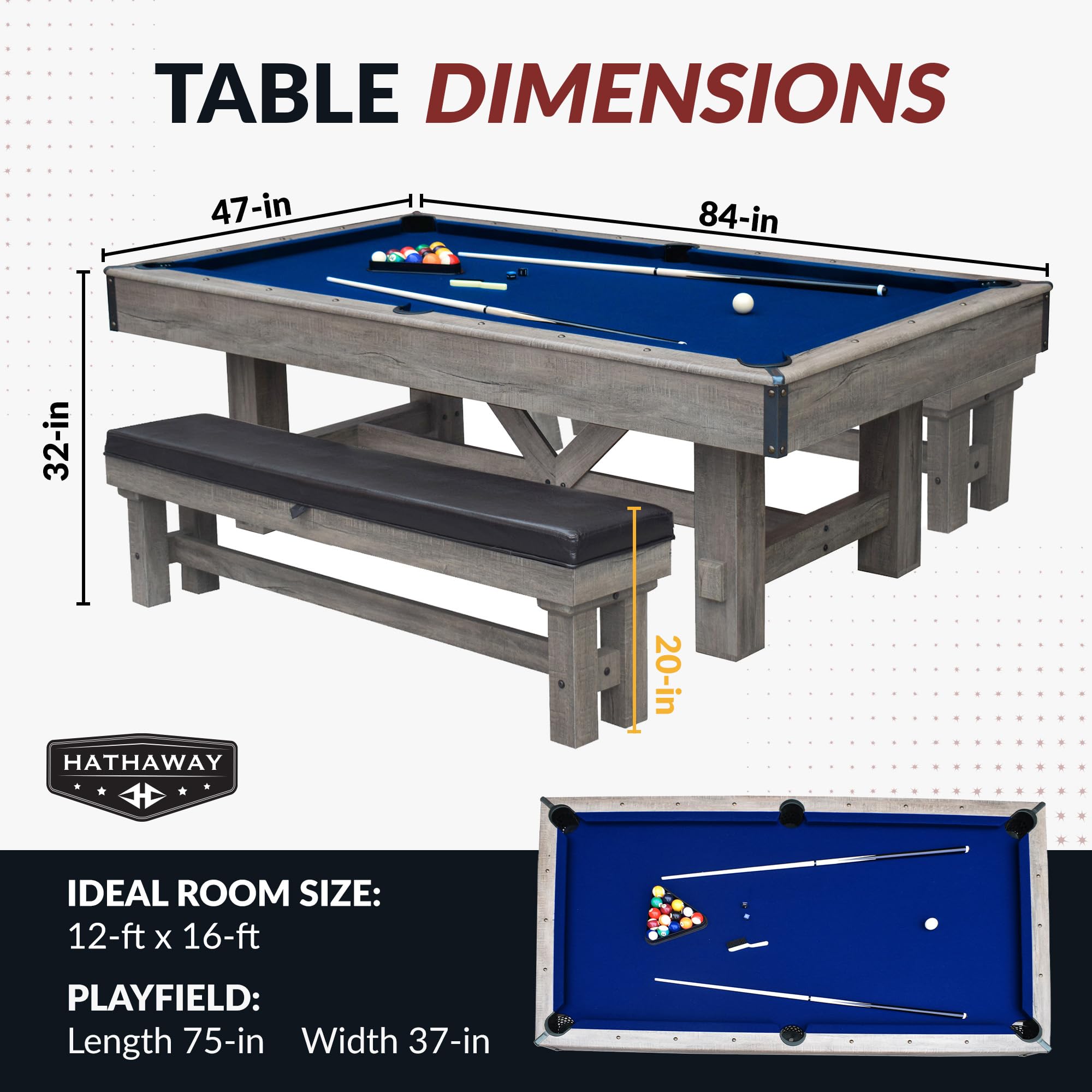 Hathaway Logan 7-Foot Pool Table Combo Set with Benches - Rustic Gray with Blue Felt, Barnwood Style for Game Rooms and Man Caves