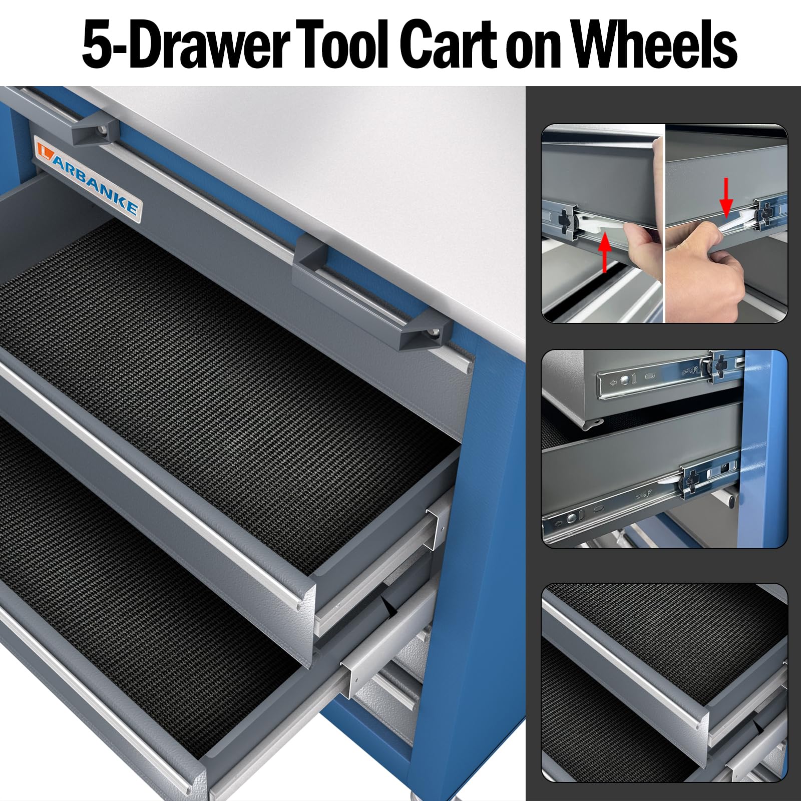 5-Drawer Rolling Tool Chest with Locking Mechanism - Heavy Duty Metal Tool Cabinet with Non-Slip Drawer Liners, Pearl Cotton Mats & 360° Swivel Wheels for Easy Mobility | Perfect for Garage Organization, Auto Repair Shops & DIY Workshops | Compatible with 7-Drawer Tool Cabinet Systems