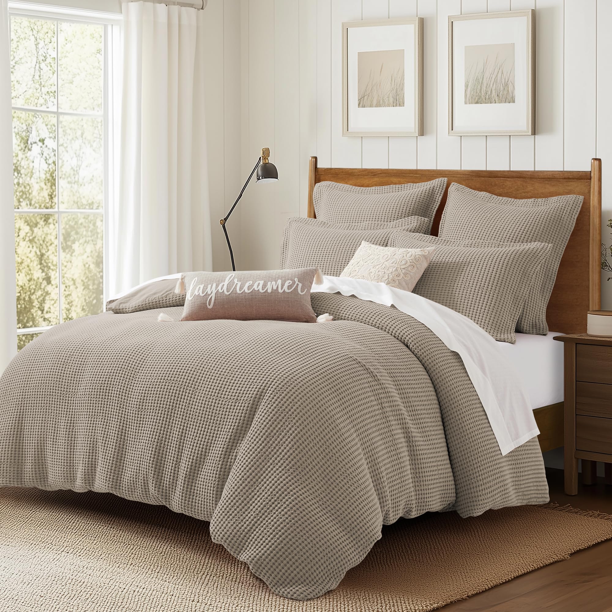 Levtex Home Mills Waffle Beige Fawn Duvet Cover Set - Full/Queen Size (90
