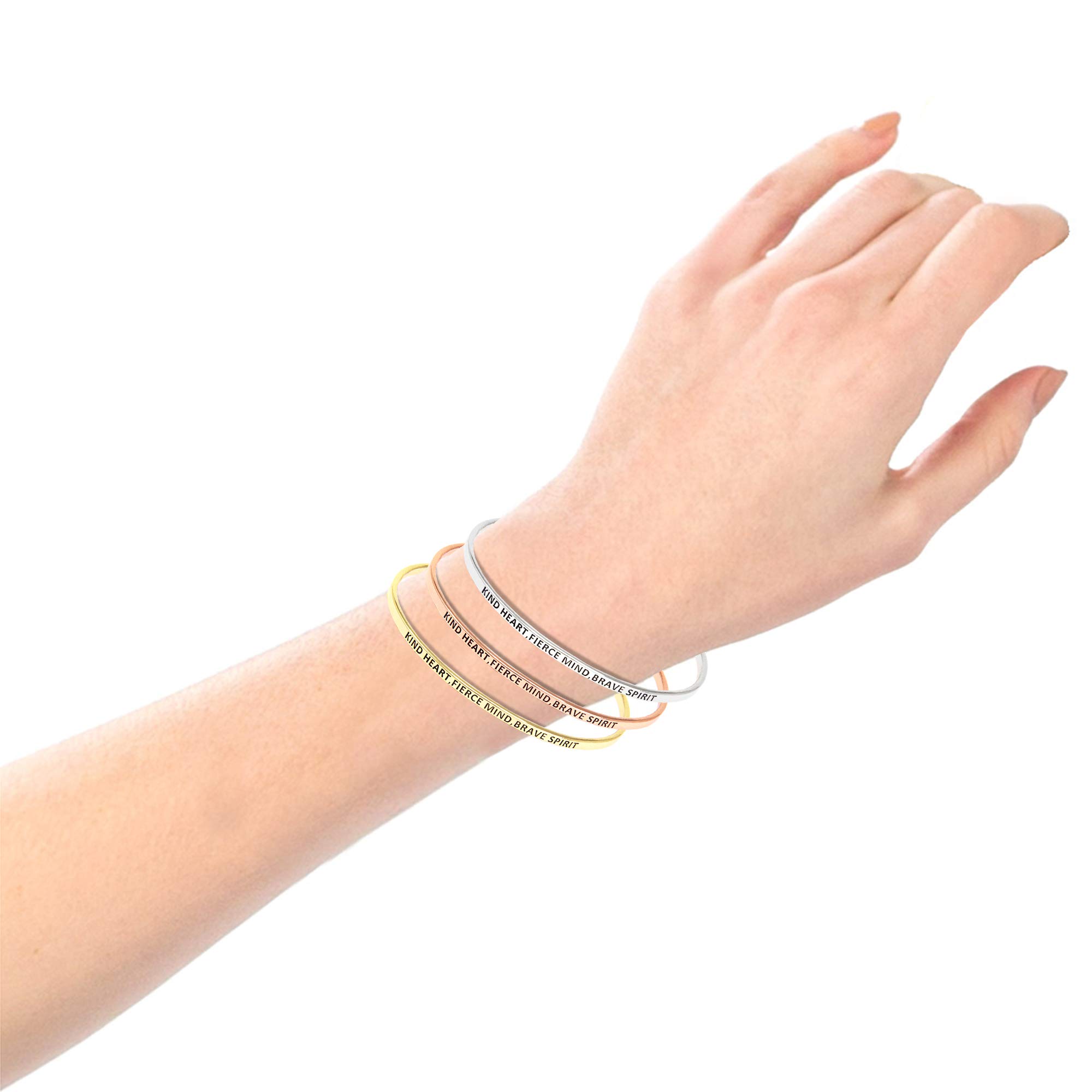 SM Inspirational Positive Message Engraved Thin Cuff Bangle Bracelets for Women - Kind Heart, Fierce Mind, Brave Spirit (Gold) | Motivational Jewelry Gift for Graduation, Birthday & Everyday Wear