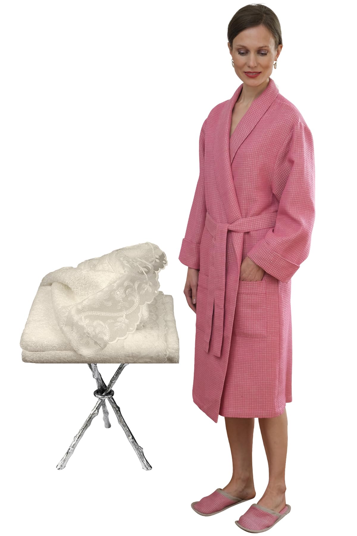 Luxury Waffle Robe Set with Slippers and Hand Towel - Large Size, Natural Rose Color - Perfect for Spa, Bath, and Relaxation at Home