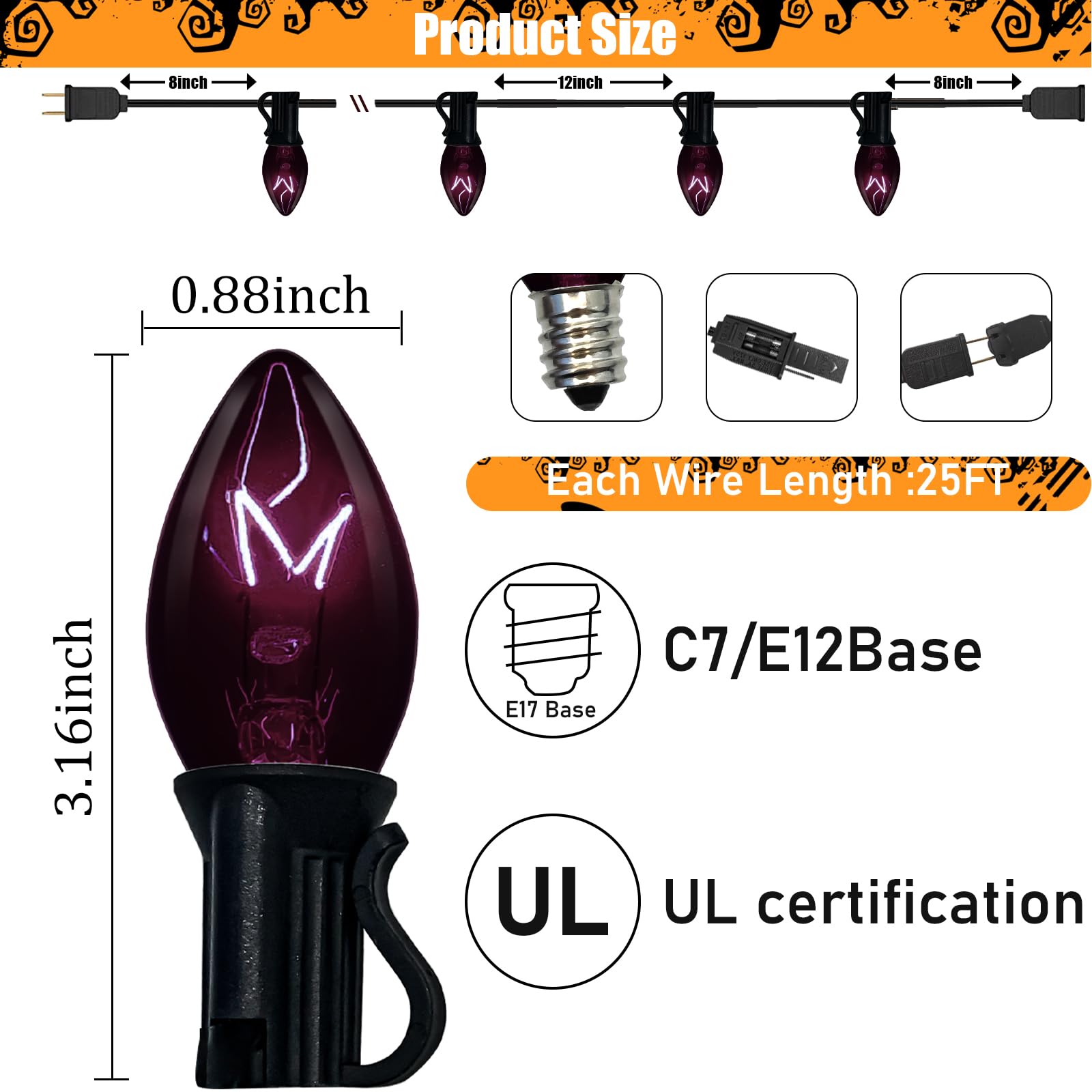 25FT Black C7 String Lights with 25 Clear Bulbs - Indoor/Outdoor Halloween & Christmas Decor - Perfect for Patio, Garden, Party, and Holiday Lighting