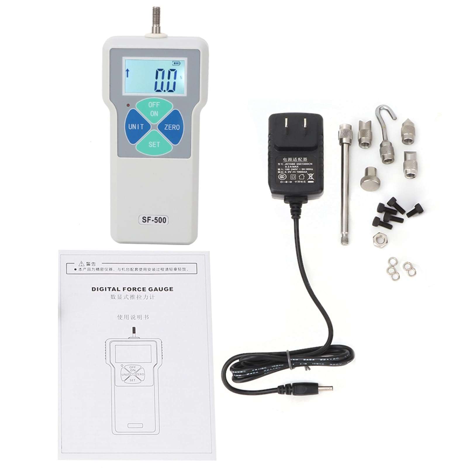 SF-500 Digital Force Gauge Kit 500N Capacity - Push Pull Tester Dynamometer with LCD Display (100-240V, US Plug) - Perfect for Material Testing, Quality Control & Industrial Applications
