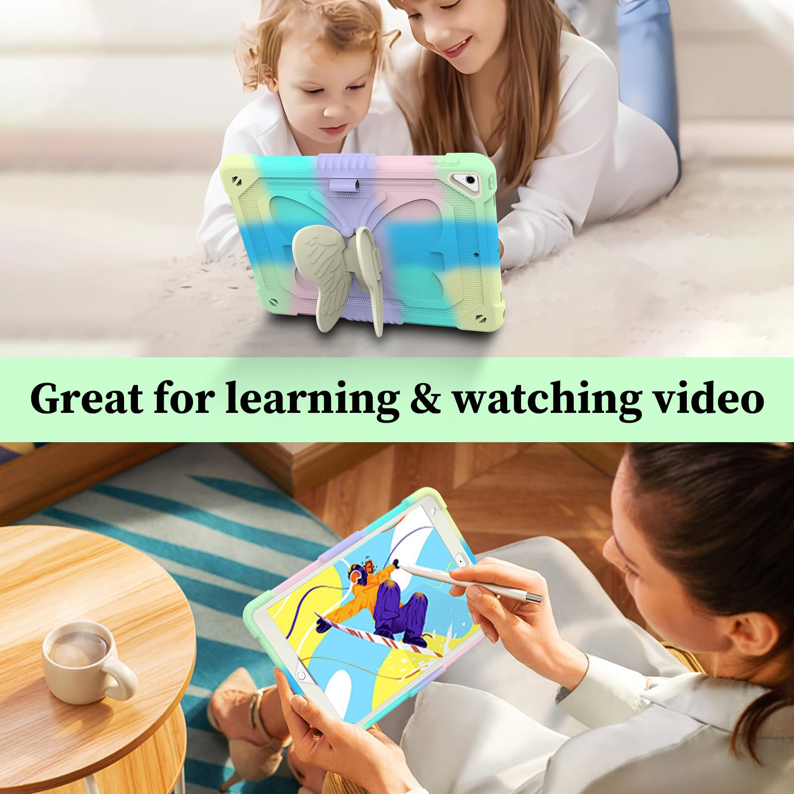 Shockproof iPad Case for Kids Girls - Compatible with iPad 9th/8th/7th Gen & iPad Air 3rd Gen (10.2 Inch), Built-in Pencil Holder, Butterfly Stand & Adjustable Shoulder Strap - Full Body Protective Cover (Green) - Perfect for School, Travel & Outdoor Activities