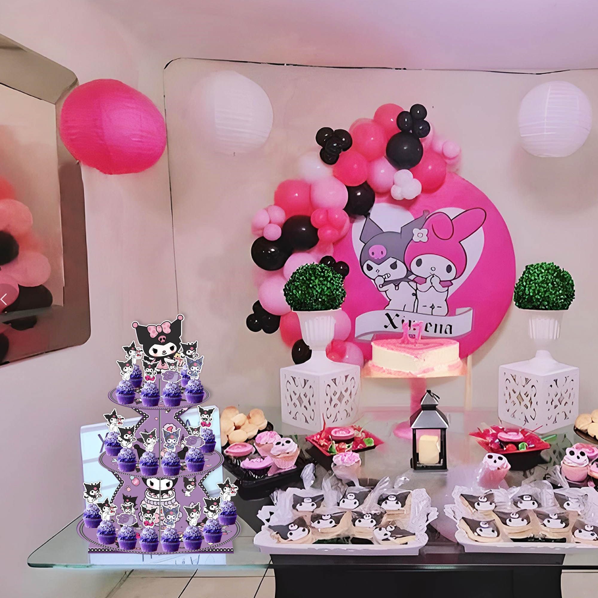 Kawaii Cartoon Birthday Decorations - 3 Tier Purple Cupcake Stand for Kids Party Supplies | Dessert Display Stand for Birthday, Baby Shower & Wedding | Cute Paper Cupcake Holder for Party Decor