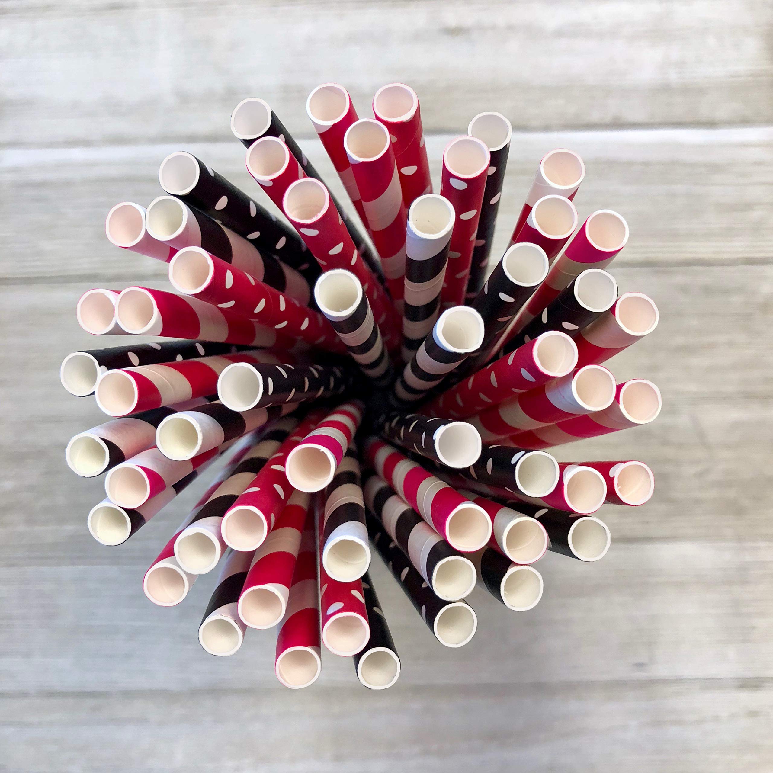 Diva Theme Stripe & Polka Dot Paper Straws 7.75 Inch - 100 Pack Hot Pink, Black & White - Perfect for Birthday Parties, Baby Showers & Wedding Decorations