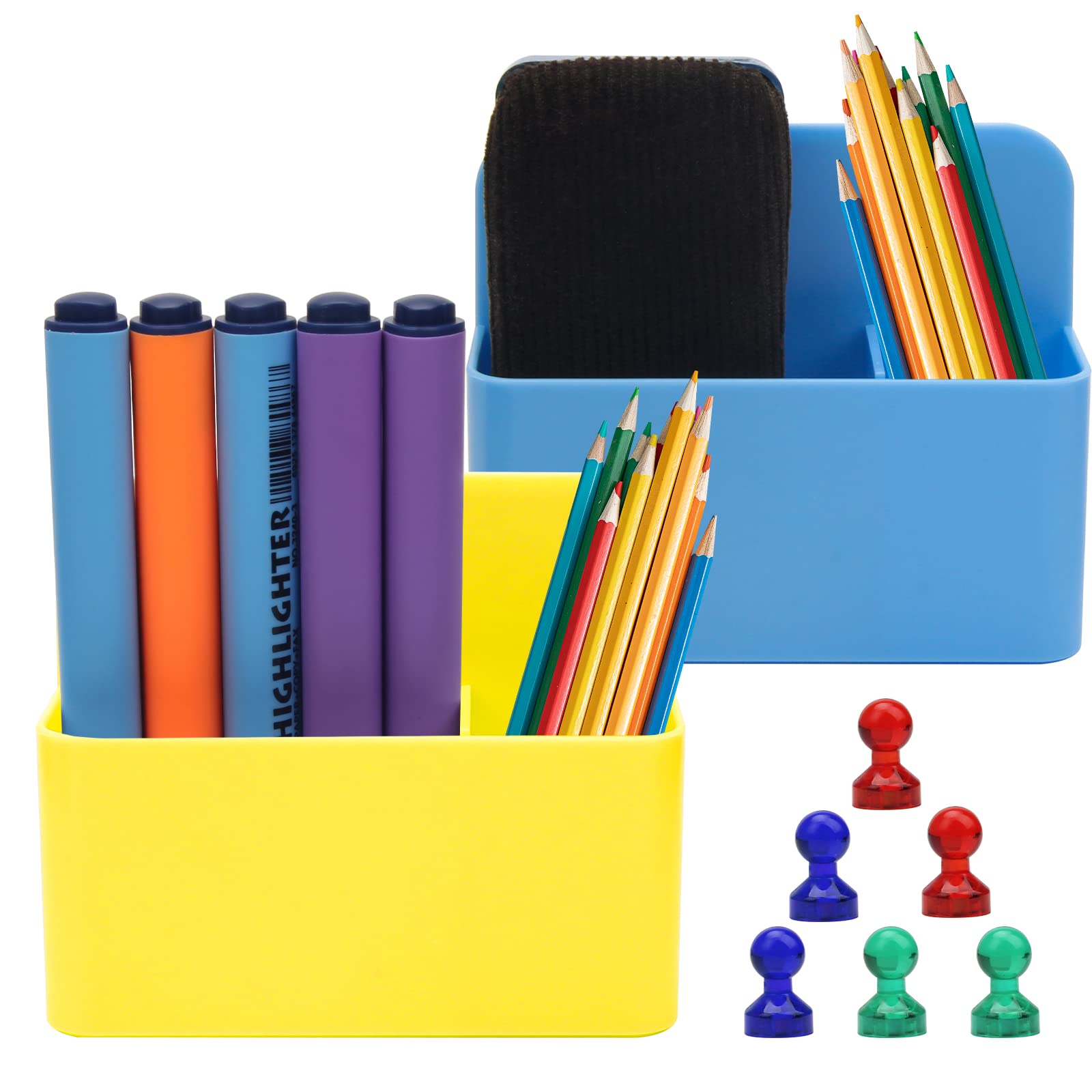 2Pcs Magnetic Dry Erase Marker Holder with 6 Colorful Magnet Nails - Strong Whiteboard Pen Organizer for Office, Classroom & Home (Yellow/Blue) - Perfect for Teachers, Students & Professionals