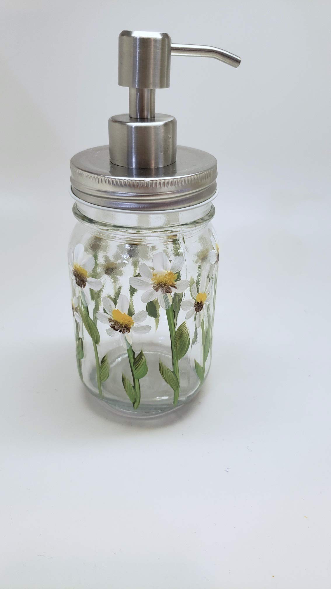Hand Painted Daisy Mason Jar Soap Dispenser with Stainless Steel Pump - Perfect for Farmhouse Bathroom Decor & Rustic Kitchen Sink Accessories