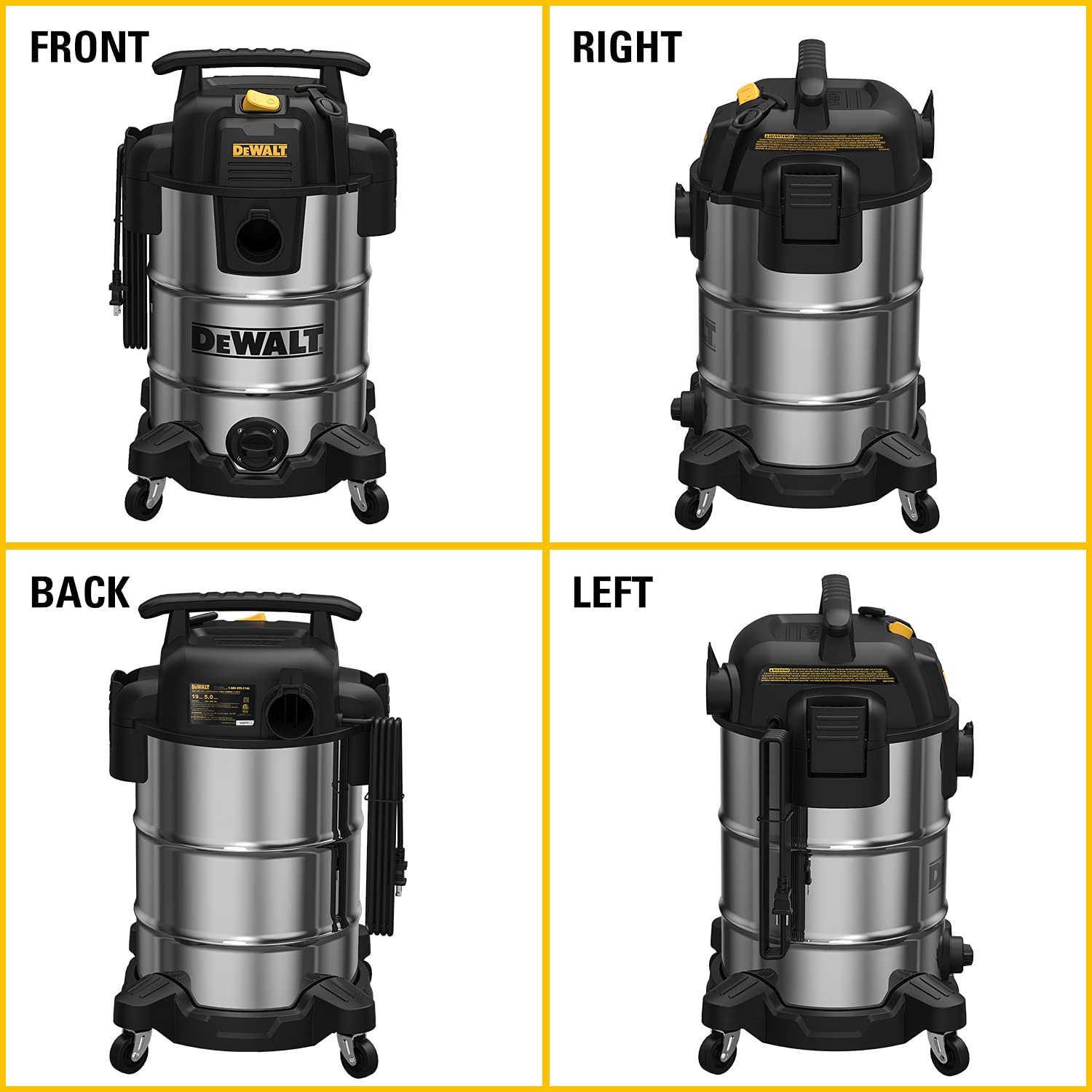DEWALT DXV08S 8 Gallon Wet/Dry Vacuum Cleaner - 4 Peak HP Powerful Shop Vac with Stainless Steel Tank - Ideal for Home, Garage, Workshop, and Construction Site Cleaning