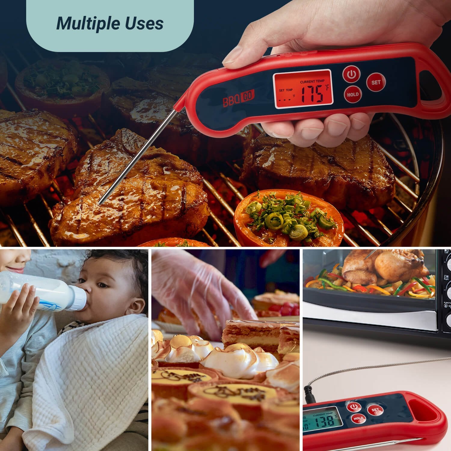 Instant Read Meat Thermometer for Cooking, Grilling & BBQ - Fast & Accurate Digital Food Thermometer with Backlit LCD Display - Perfect for Kitchen, Baking, and Outdoor Cooking