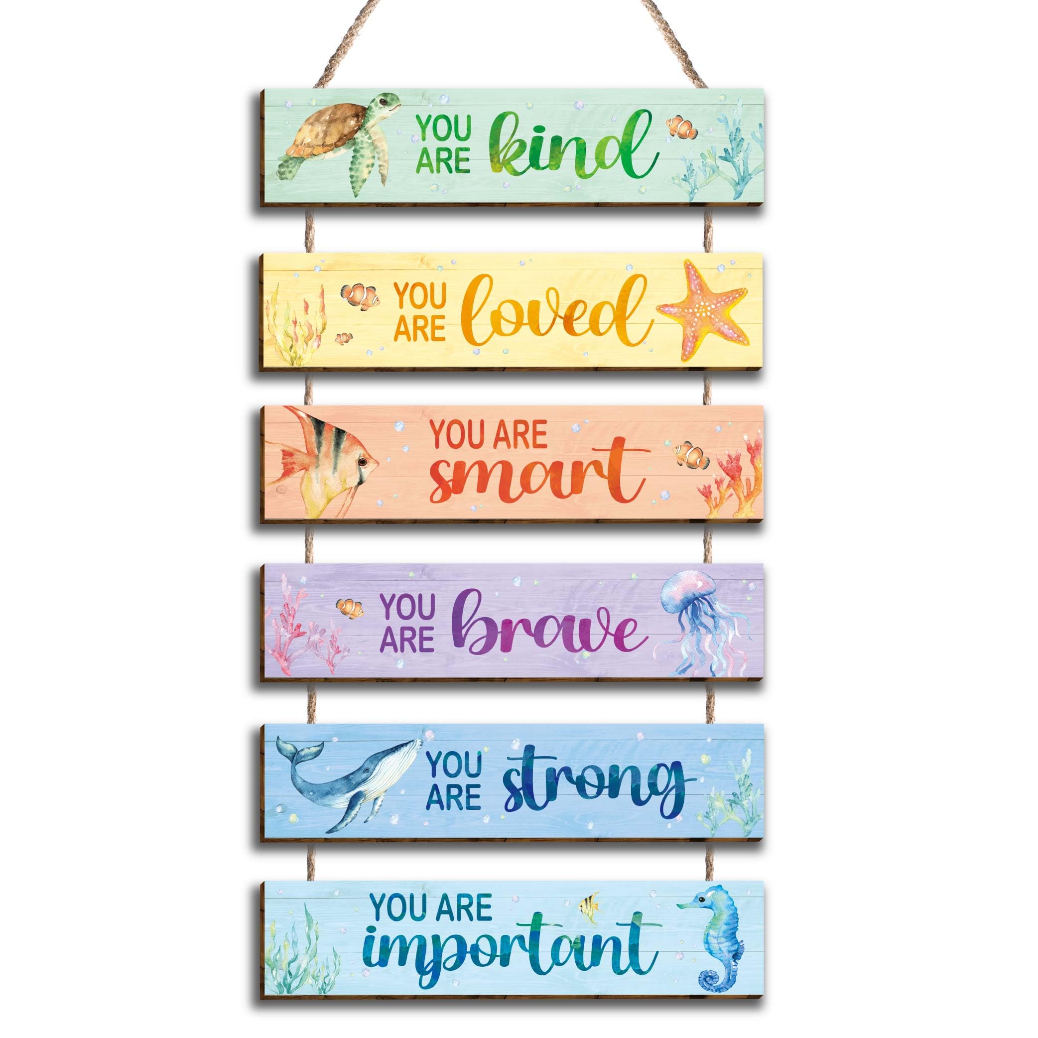 6 Pack Ocean Themed Wall Decor for Kids - Inspirational Watercolor Hanging Plaques with Positive Quotes, Nursery, Toddler & Teen Room Decor, Dorm Wall Art (Set of 12) - Perfect for Bedrooms, Playrooms & Birthday Gifts