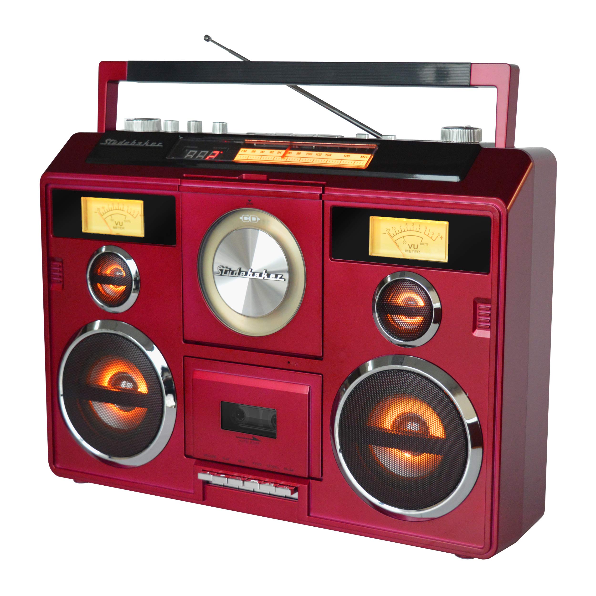 Portable Bluetooth Stereo System with CD Player, AM/FM Radio & Cassette Recorder - Red | Wireless Music Streaming for Home, Office & Outdoor Parties