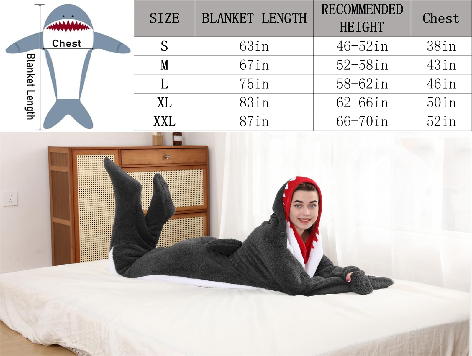 Shark Wearable Blanket for Adults & Kids - Soft Flannel Hoodie Onesie with Sleeves | Cozy Hooded Blanket for Lounge, Cosplay & Winter Nights
