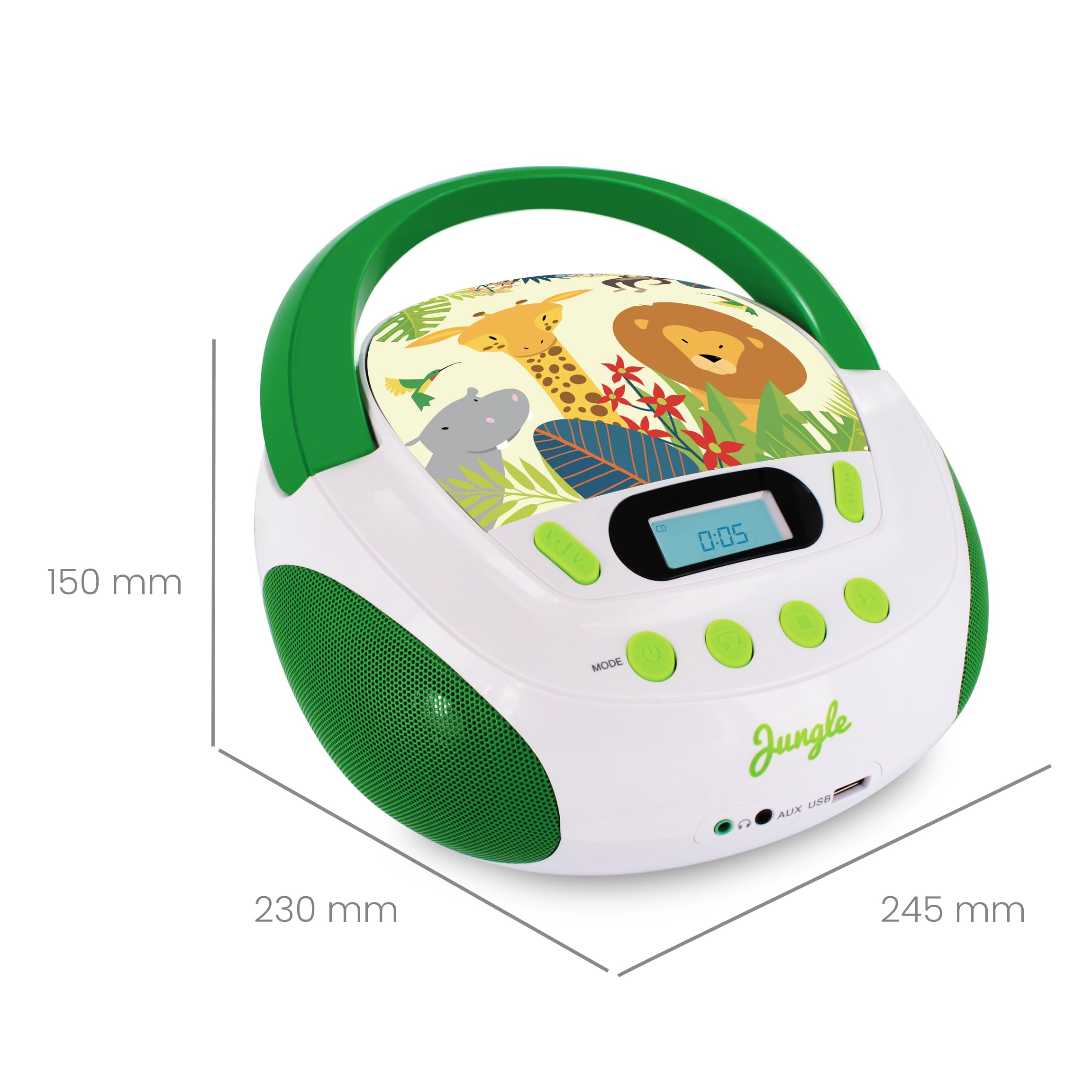 MOOOV Jungle Kids CD Player with USB & AUX-in Port - Green & White (Model 477144) - Perfect for Bedroom, Playroom & Travel Entertainment