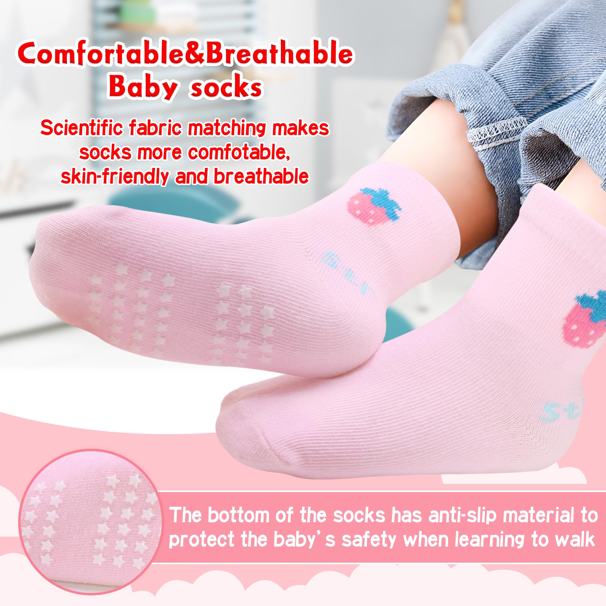 12 Pack Non-Slip Baby Socks with Grips for Boys & Girls 1-7 Years - Soft Cotton Crew Socks in Multi Colors - Perfect for Playtime, Learning to Walk & Everyday Wear