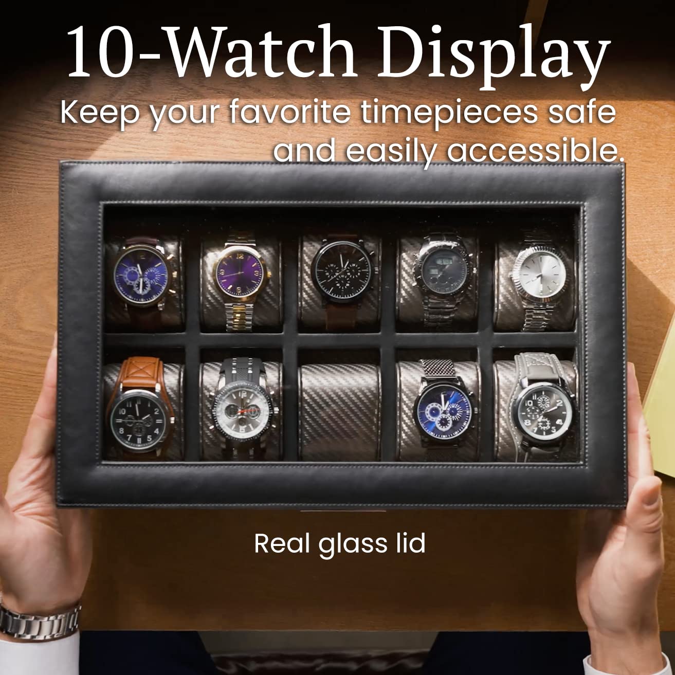 HOUNDSBAY Premium PU Leather Watch Box Organizer for Large Watches - Carbon Fiber Watch Case Storage Box for Men | Perfect for Travel, Gift & Luxury Watch Collection Display