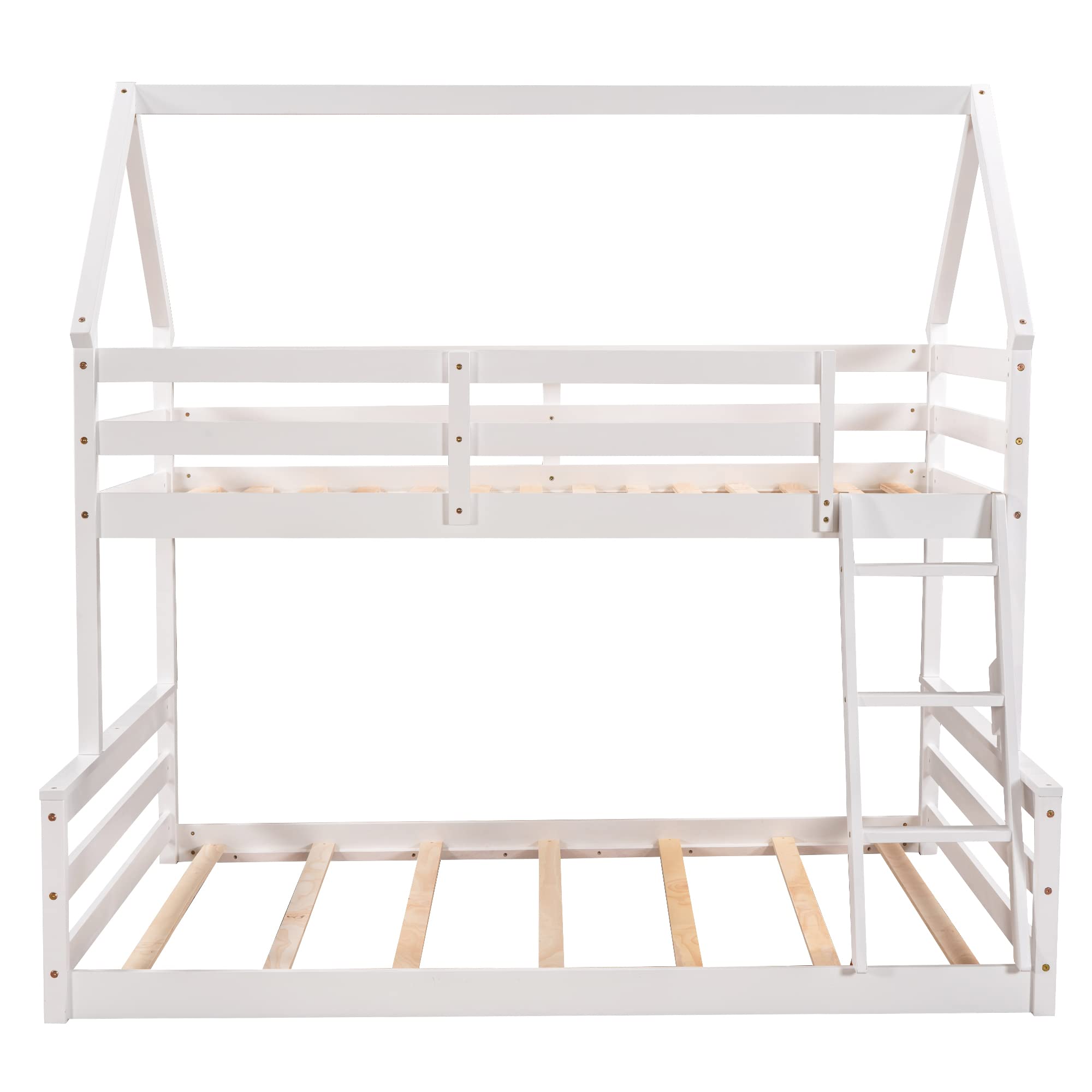 Low Bunk Bed Twin Over Full with Built-in Ladder - Sturdy Wooden Bunk Bed Frame for Kids & Teens - Space-Saving Bedroom Furniture for Small Rooms & Shared Kids' Rooms - White