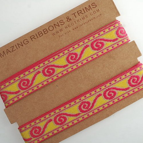 Neotrims Vibrant Cerise Pink & Gold Aztec Celtic Jacquard Ribbon Trim - 2cm Width for Sewing, Hobby Crafts, Scrapbooking & Card Making - Washable Decorative Trim for Garments, Home Decor & DIY Projects - 16.4 Meters per Reel (Sold by Reel or Multiple Reels)