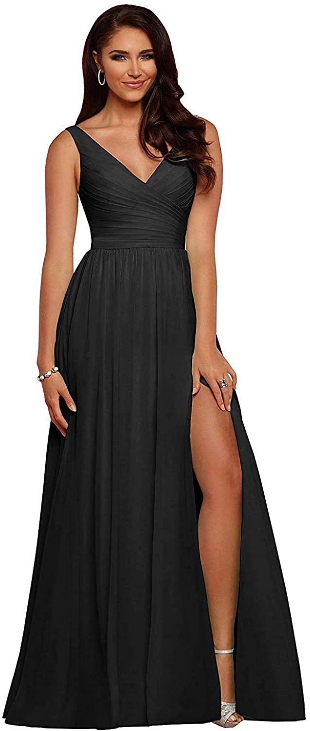Elegant Long Chiffon Bridesmaid Dress with V-Neck & High Slit - Backless Formal Gown for Weddings, Proms & Special Occasions | Perfect for Wedding Guests, Bridal Parties & Evening Events