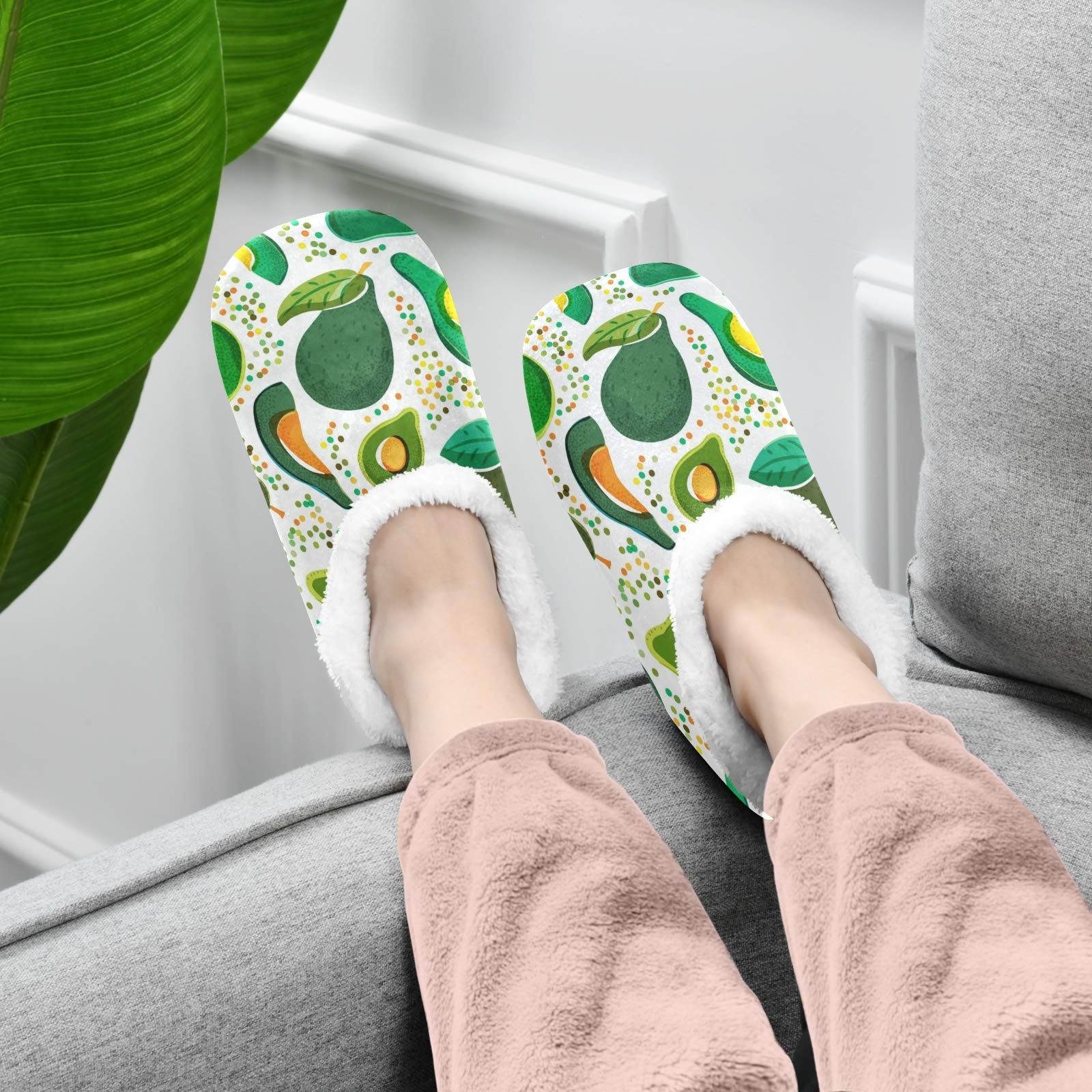 Women's Cozy Fleece House Slippers - Soft Green Avocado Coral Indoor Shoes for Women & Men, Non-Slip Home Footwear (US 5-6) - Perfect for Relaxing at Home, Lounging & Cold Winter Nights