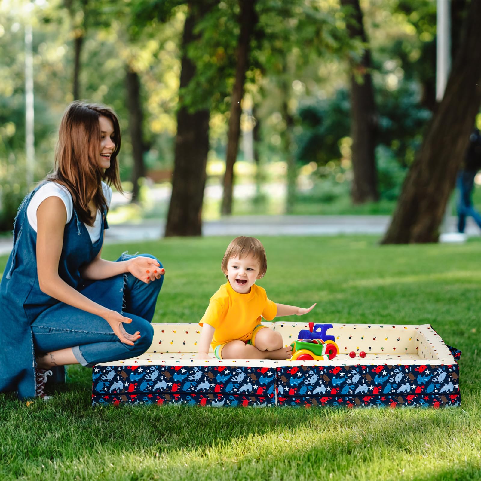 100% Cotton Portable Foldable Toddler Travel Bed - Soft Foam Floor Mattress with Washable Cover | Safe & Comfortable Baby Crib for Home, Daycare & Travel | Ocean Blue