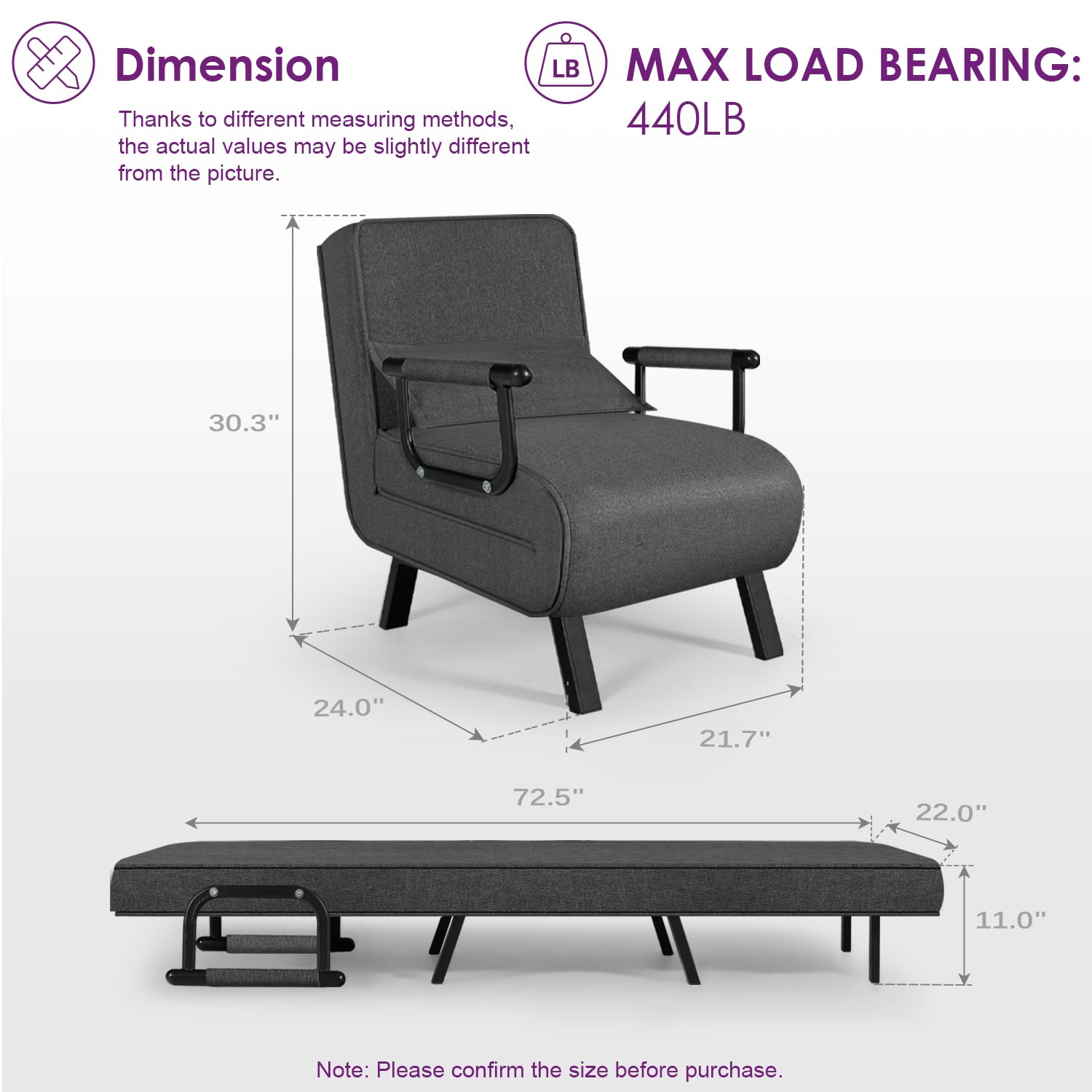 TYBOATLE 5-in-1 Convertible Sleeper Chair Bed for Adults - Adjustable 5-Position Backrest with Pillow - Foldable Sofa Bed for Small Spaces, Office, Living Room & Guest Room - Dark Grey Comfortable Sleeping Solution for Apartments, Dorms & Home Naps