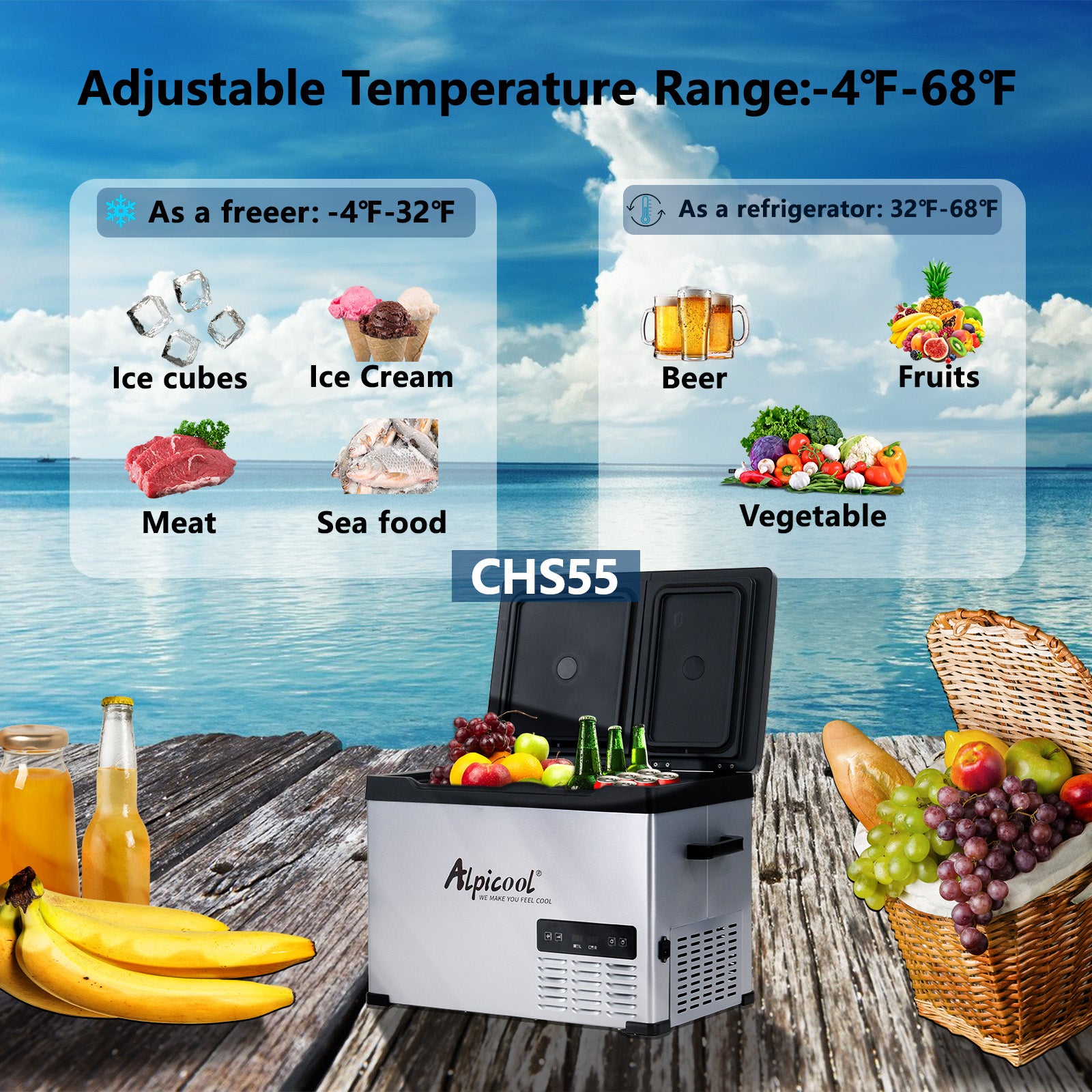 Alpicool CHS55 12V/24V Portable Car Refrigerator Freezer - Dual Zone Cooling for Camping, Road Trips & Outdoor Adventures