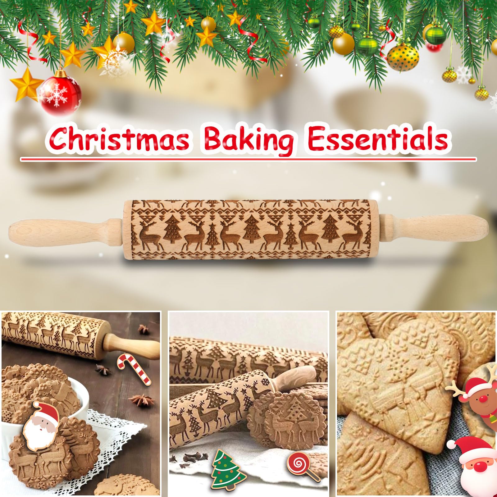 Christmas Embossed Rolling Pin for Baking Cookies - Wooden Engraved Springerle Roller with Reindeer & Tree Design - Perfect for Holiday Cookies, Clay Pottery, and DIY Ceramic Crafts - Great Gift for Bakers and Women