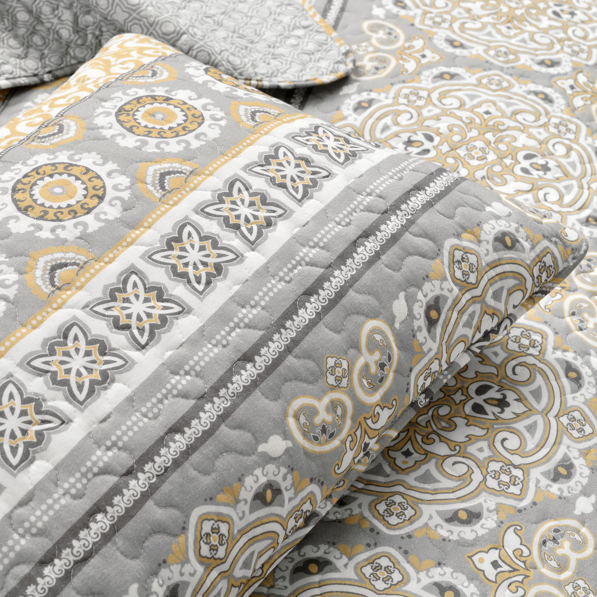 Lush Decor Nesco Reversible Quilt Set - King, Yellow & Gray for Cozy Bedroom
