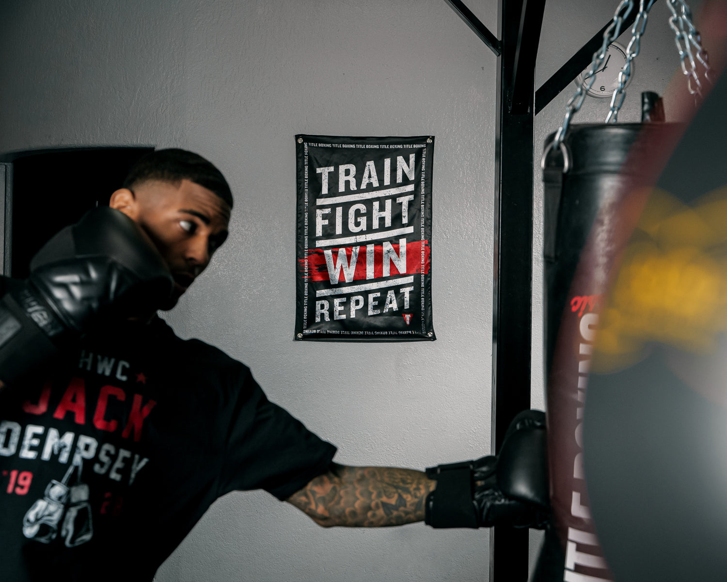 TITLE Boxing Gym Banner - Motivational Fight, Train, Win, Repeat Wall Art for Boxing Gyms & Home Workout Spaces