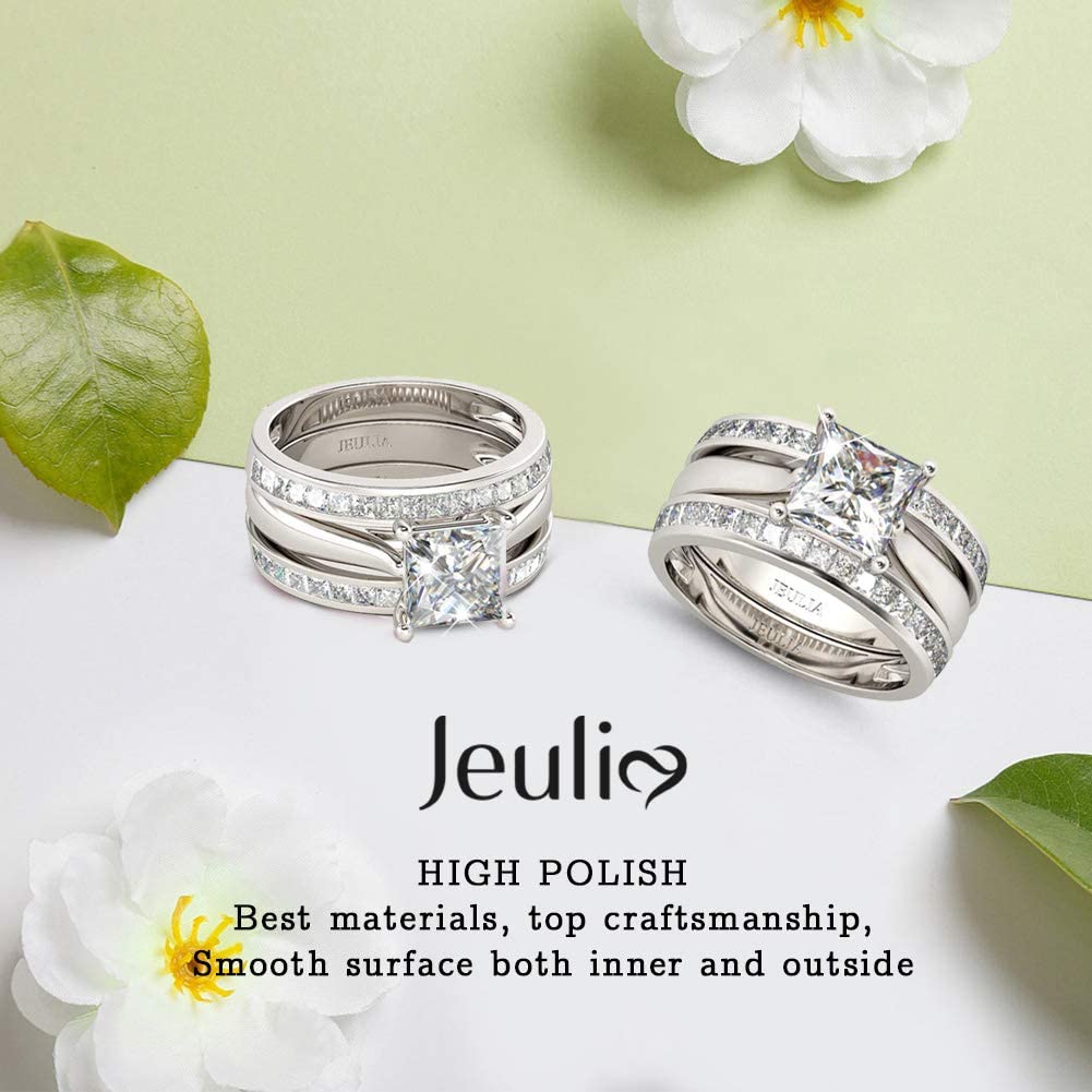 Jeulia 4.37 Carat Princess Cut Cubic Zirconia Engagement Ring & Wedding Band Set for Women - Sterling Silver CZ Solitaire Bridal Promise Rings - Perfect for Anniversaries, Proposals & Special Occasions