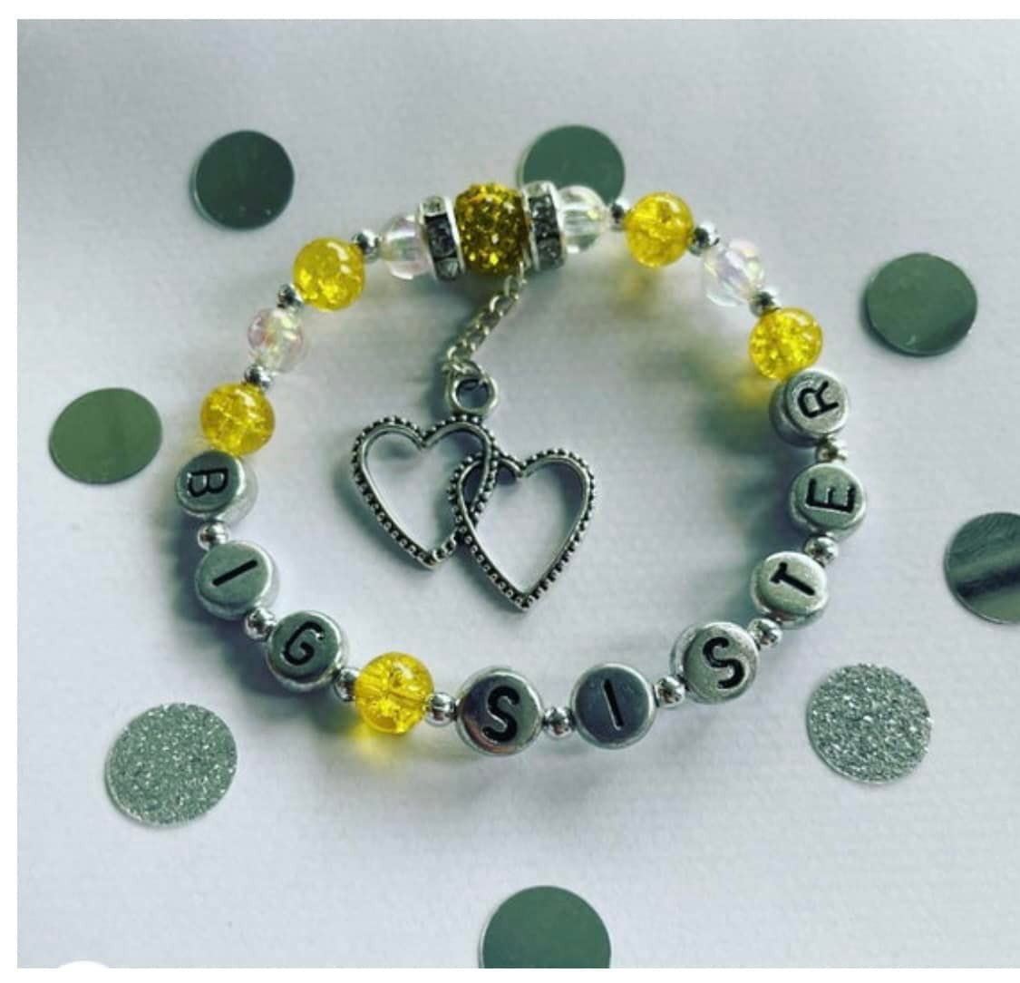 Yellow Shamballa Beaded Bracelet - Initial Wording Stretch Gift for Sister - Perfect for Birthdays & Sibling Gifts