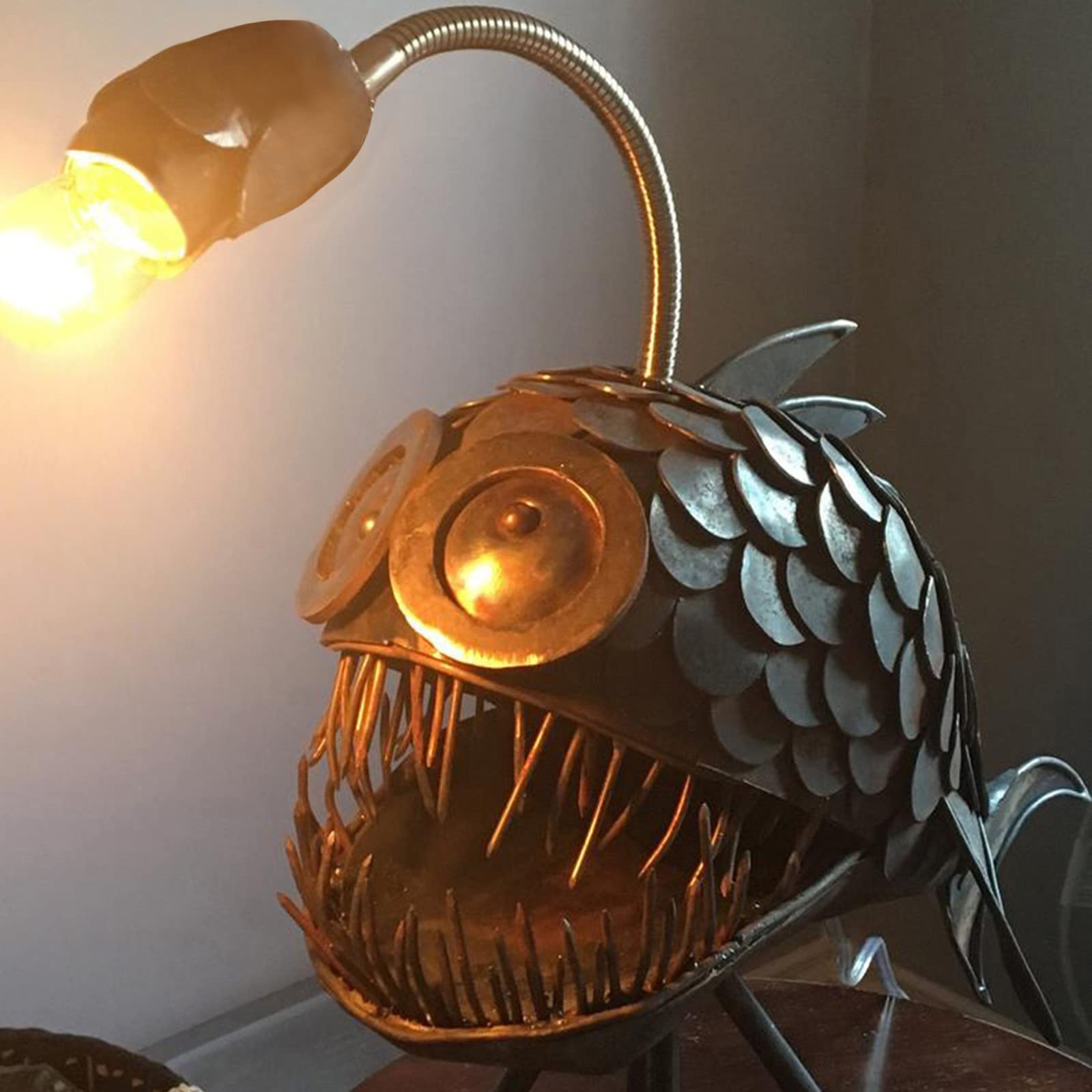 Handmade Rustic USB Angler Fish Lamp - Steampunk Style LED Table Light, Unique Shark Design for Home Office & Bedroom Decor, Black (wmEI4694) | Perfect for Nightstands, Gaming Rooms & Themed Interior Lighting
