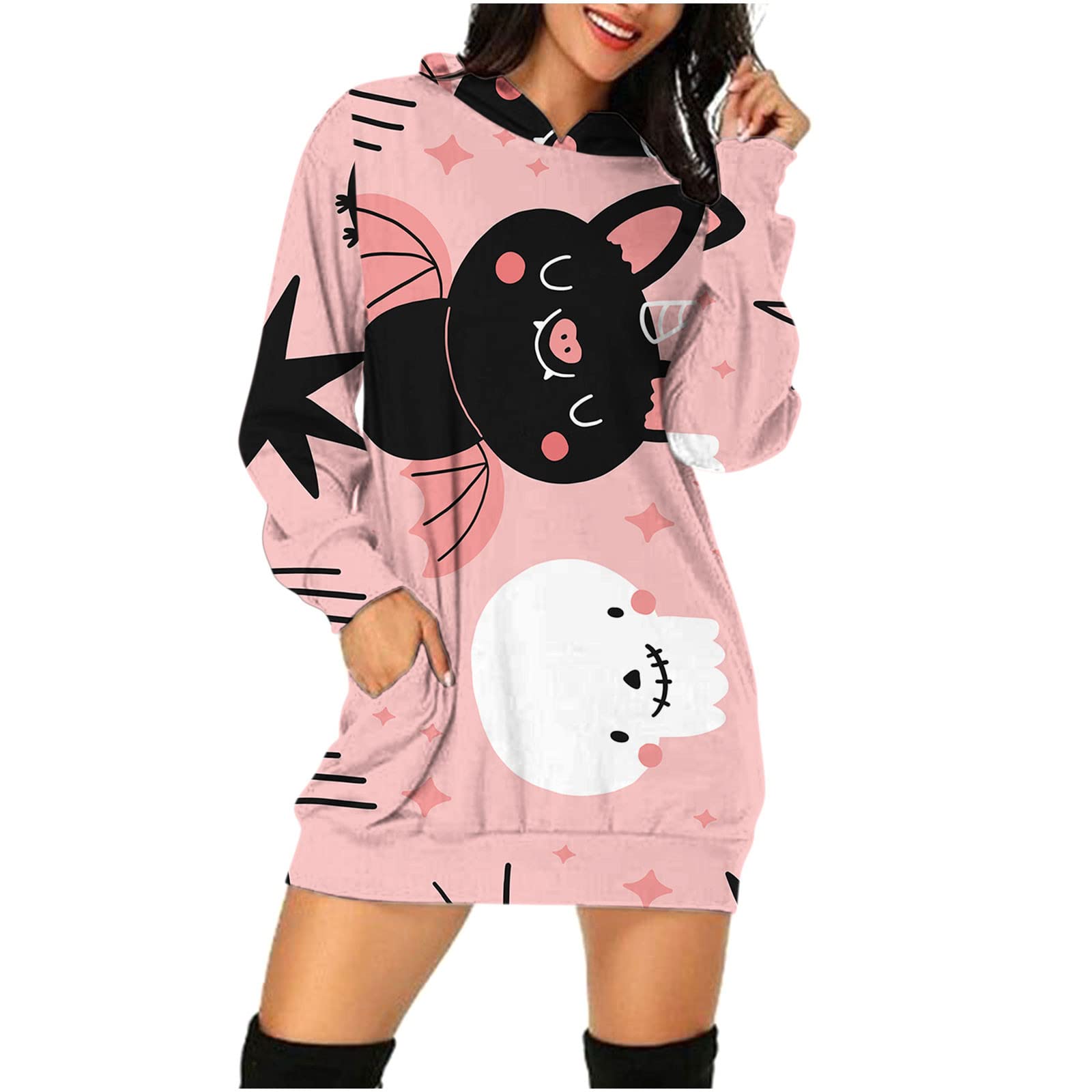 PANOEGSN Women's Skeleton Print Hoodie Dress - Long Sleeve Pullover with Pocket, Casual Loose Fit Sweatshirt for Halloween Party, Streetwear & Everyday Comfort