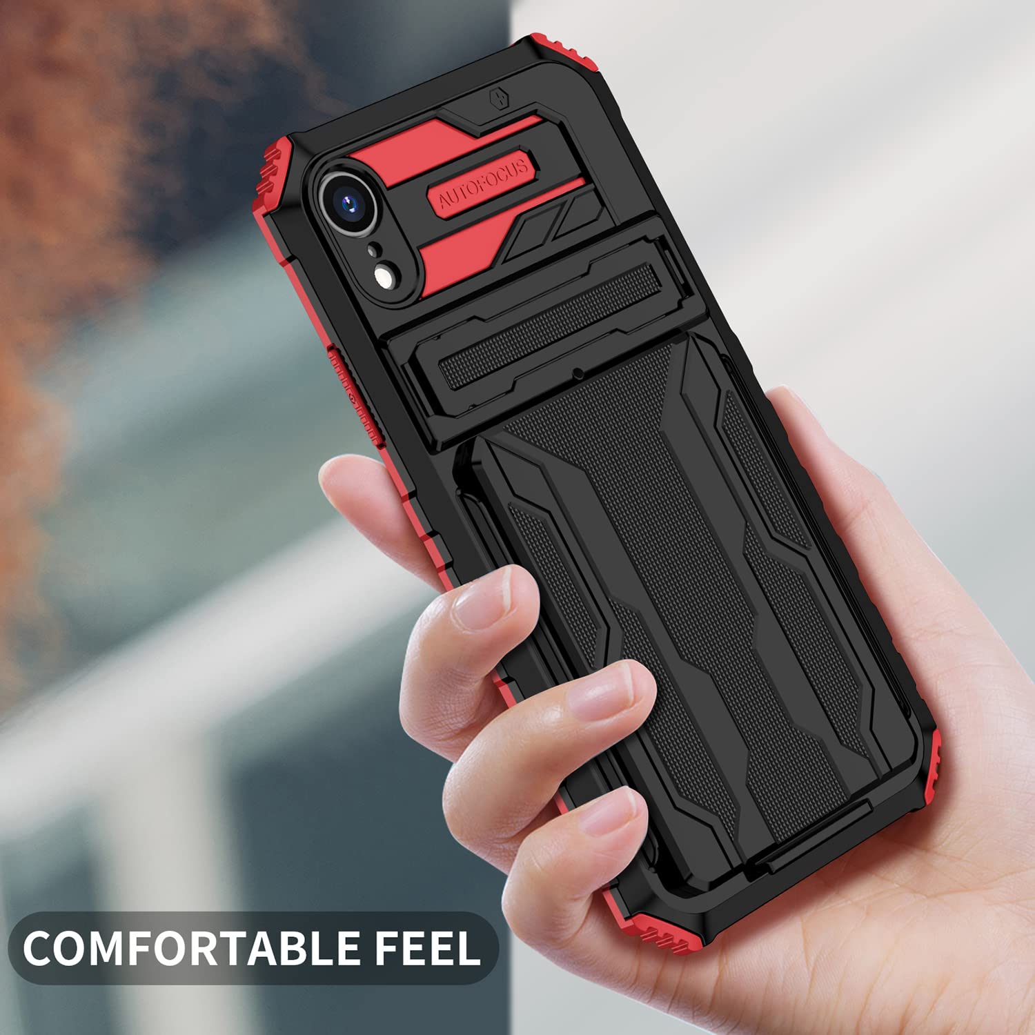 Military Grade Shockproof iPhone XR Wallet Case with Credit Card Holder & Kickstand - Slim Rugged Heavy Duty Defender Armor Protective Phone Cover (Red) - Perfect for Travel, Work & Everyday Use